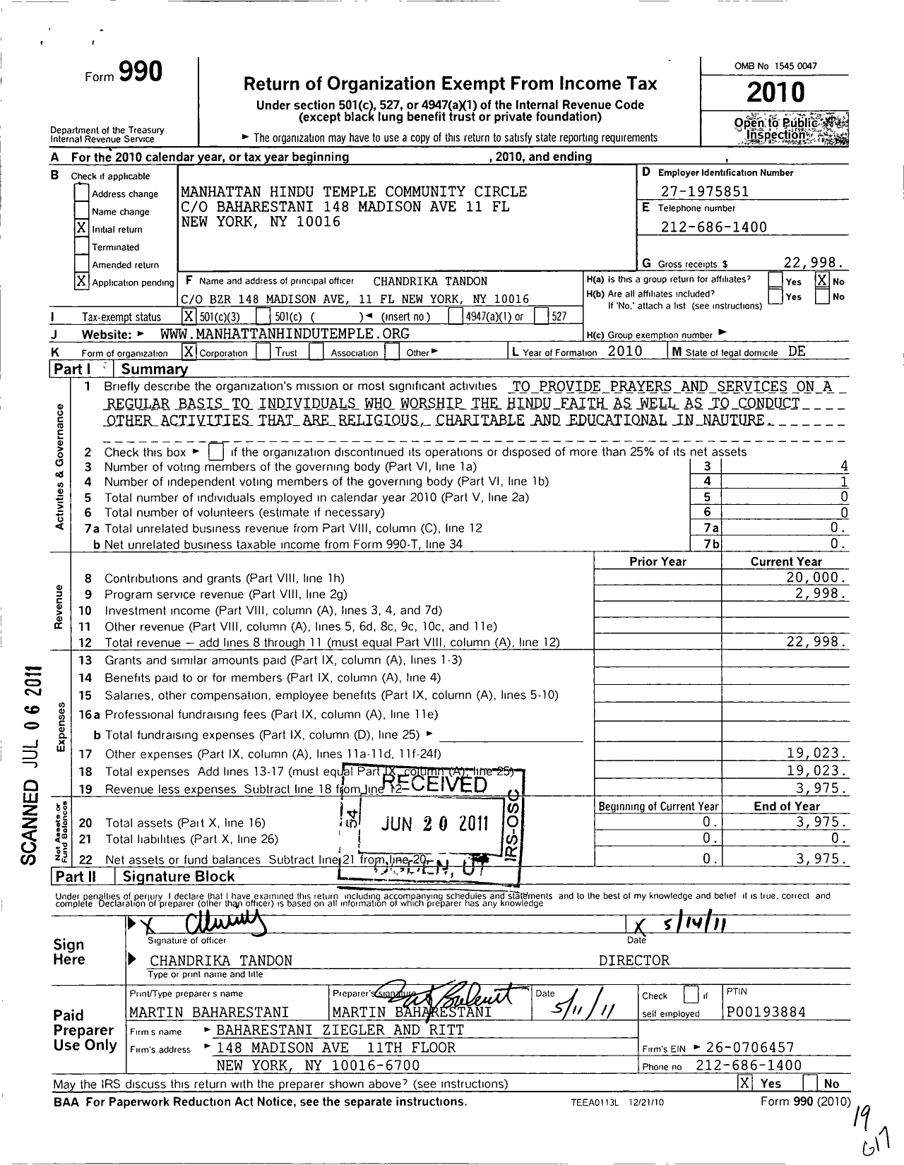 Image of first page of 2010 Form 990 for Manhattan Hindu Temple Community Circle