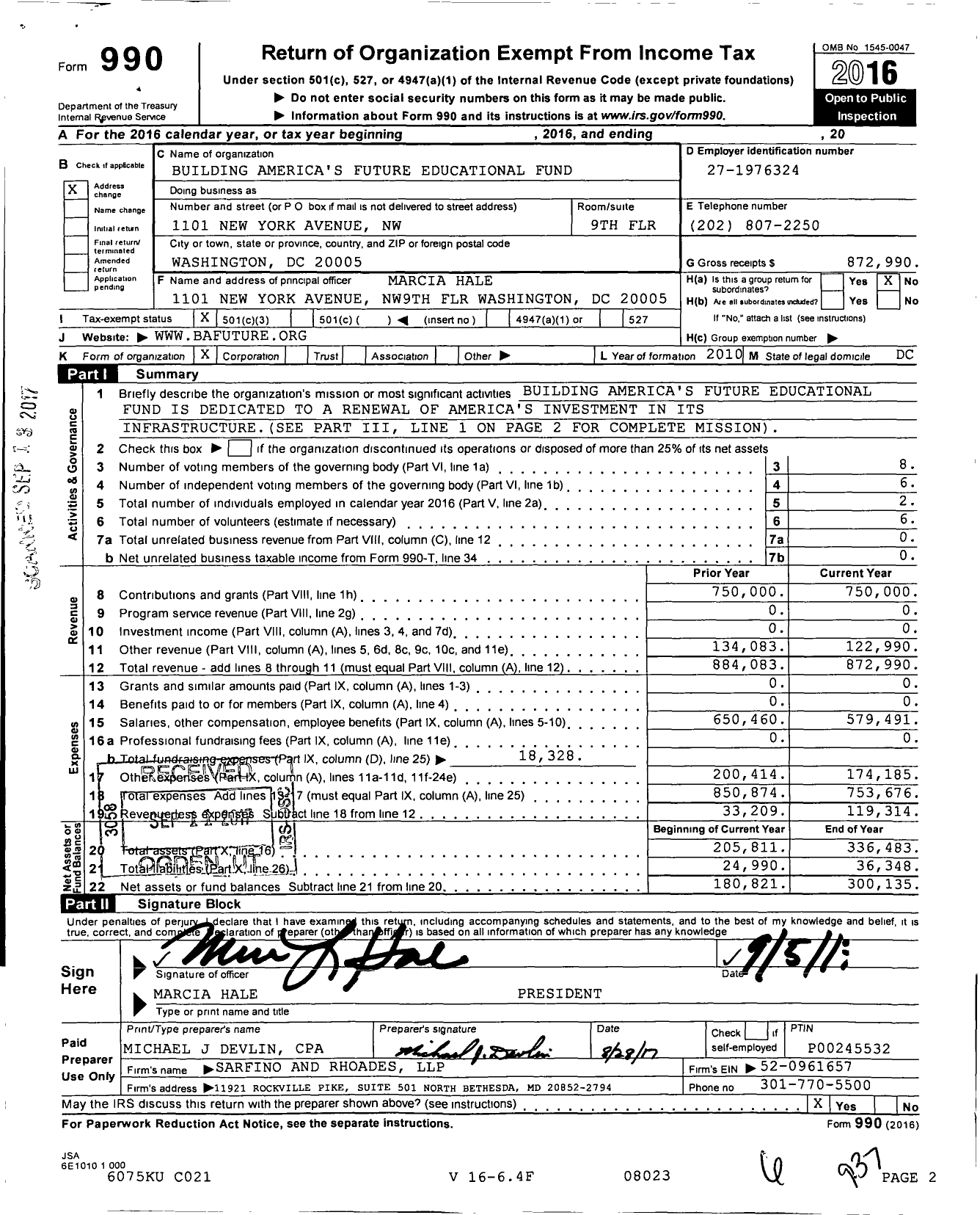 Image of first page of 2016 Form 990 for Building Americas Future Educational Fund