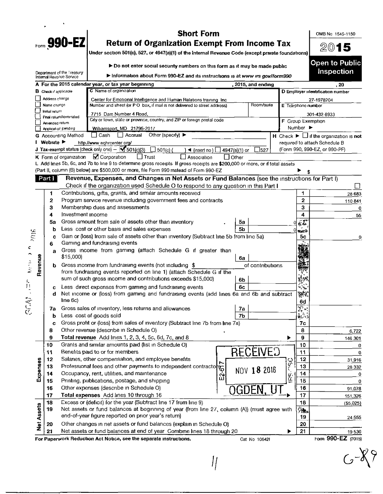 Image of first page of 2015 Form 990EZ for Center for Emotional Intelligence and Human Relations Training