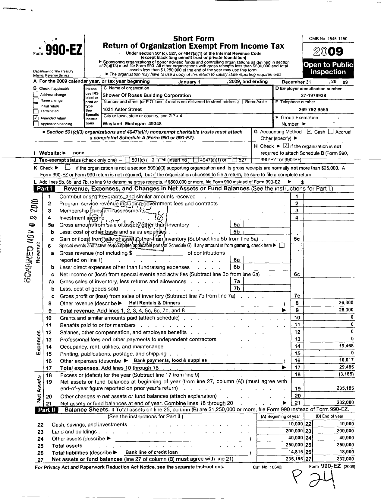 Image of first page of 2009 Form 990EO for Shower of Roses Building Corporatio n