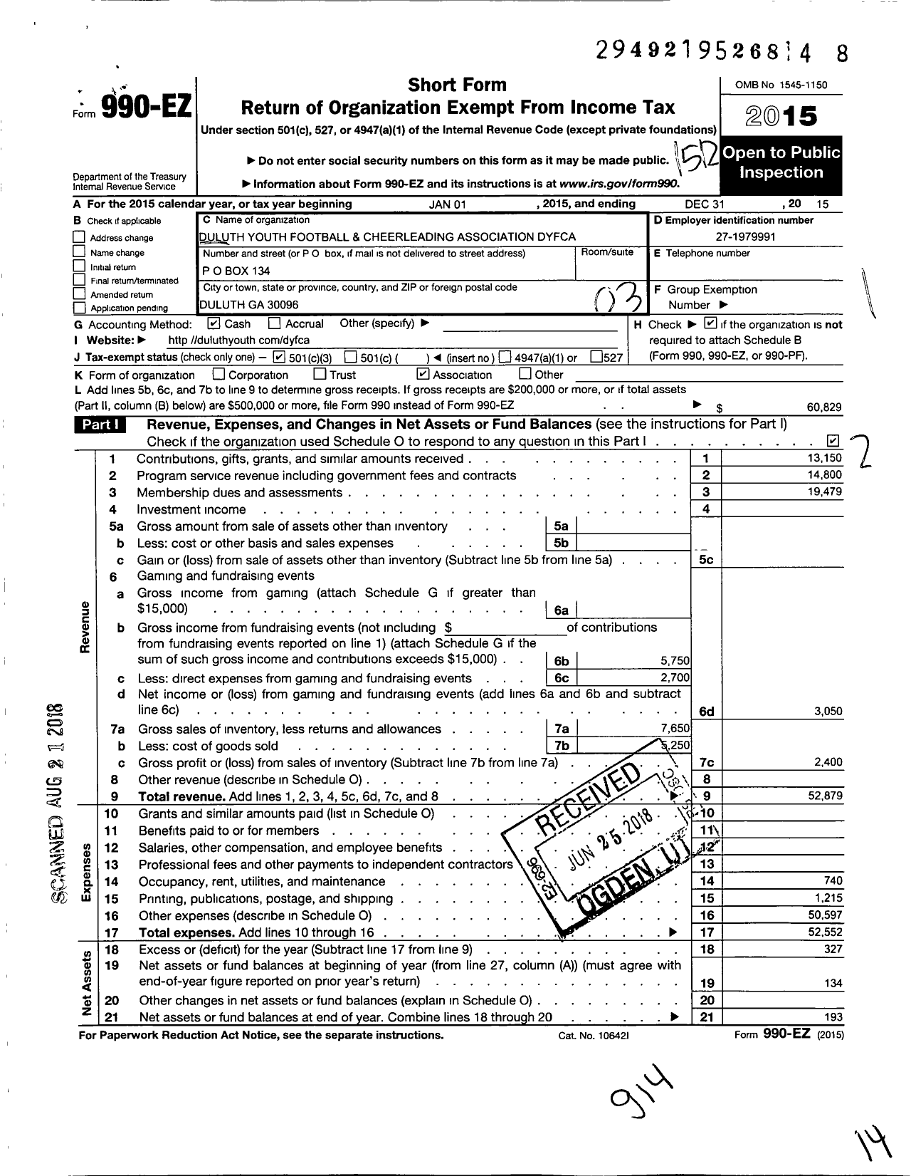 Image of first page of 2015 Form 990EZ for Duluth Youth Football and Cheerleading Association (DYFCA)