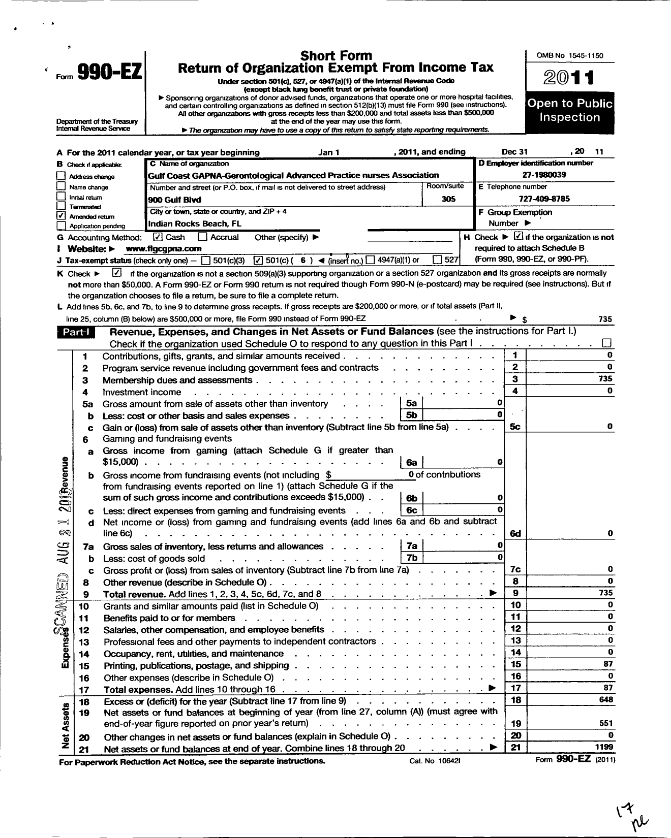 Image of first page of 2011 Form 990EO for Gerontological Advanced Practice Nurses Association