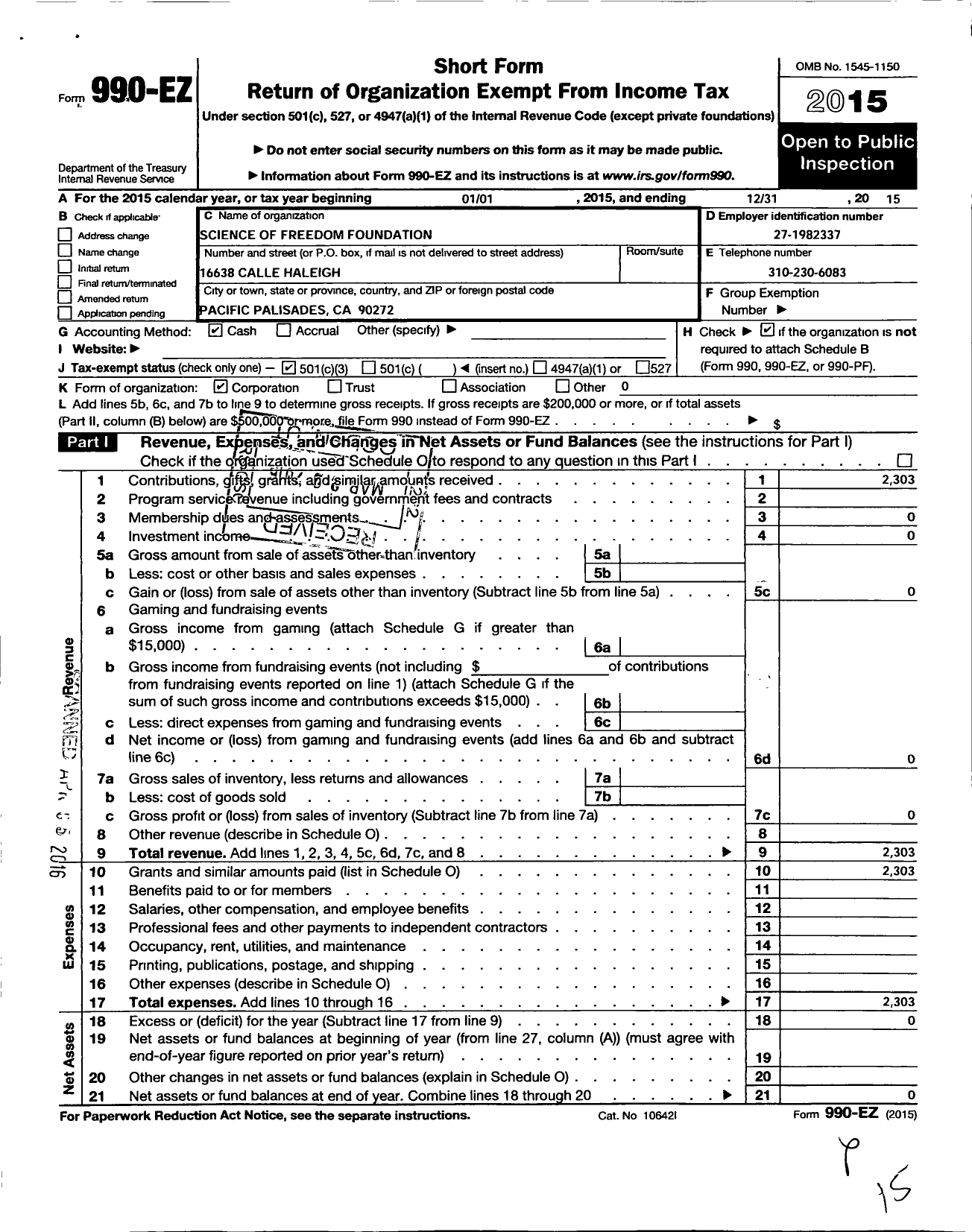 Image of first page of 2015 Form 990EZ for Stilts Foundation