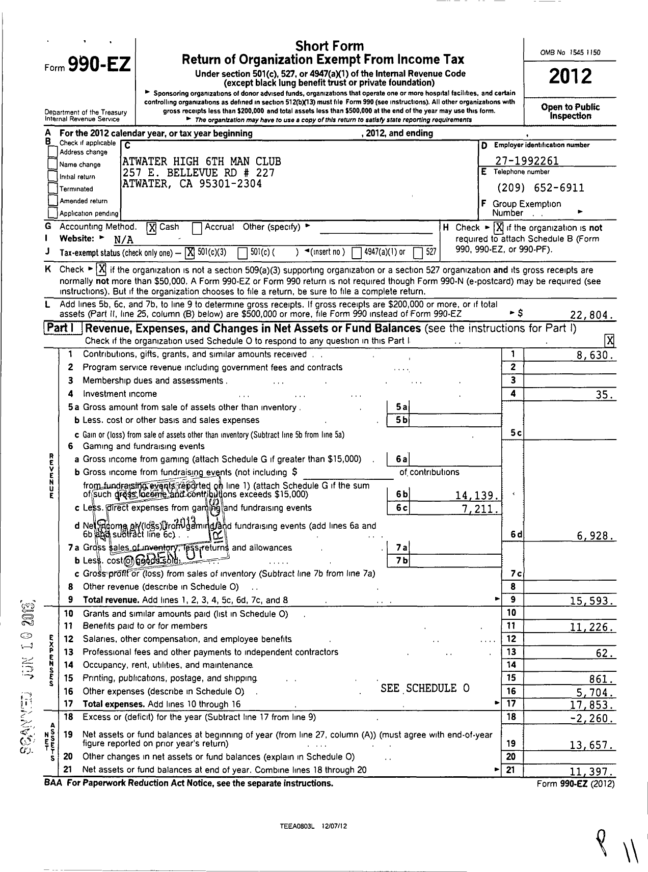 Image of first page of 2012 Form 990EZ for Atwater High 6th Man Club