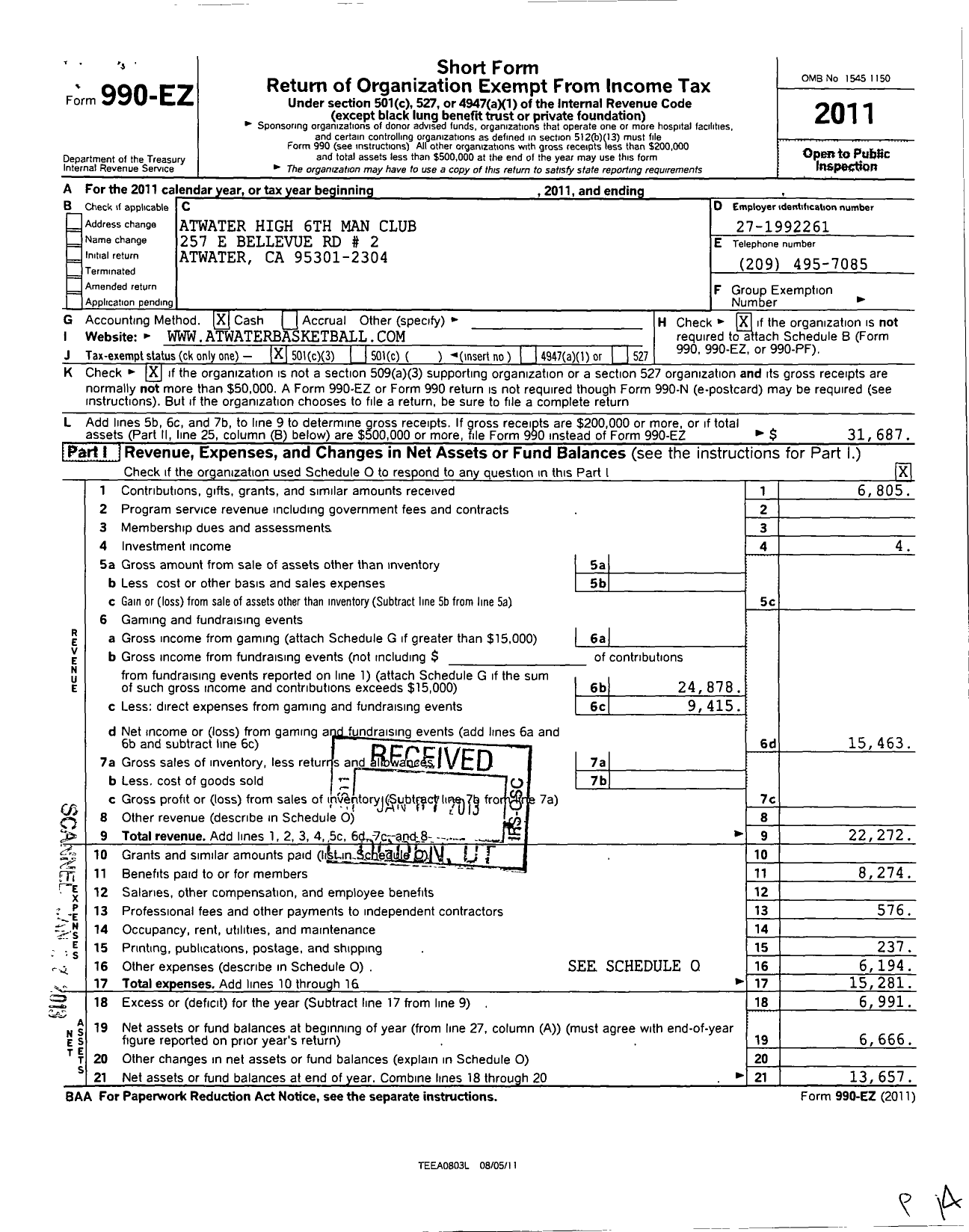 Image of first page of 2011 Form 990EZ for Atwater High 6th Man Club