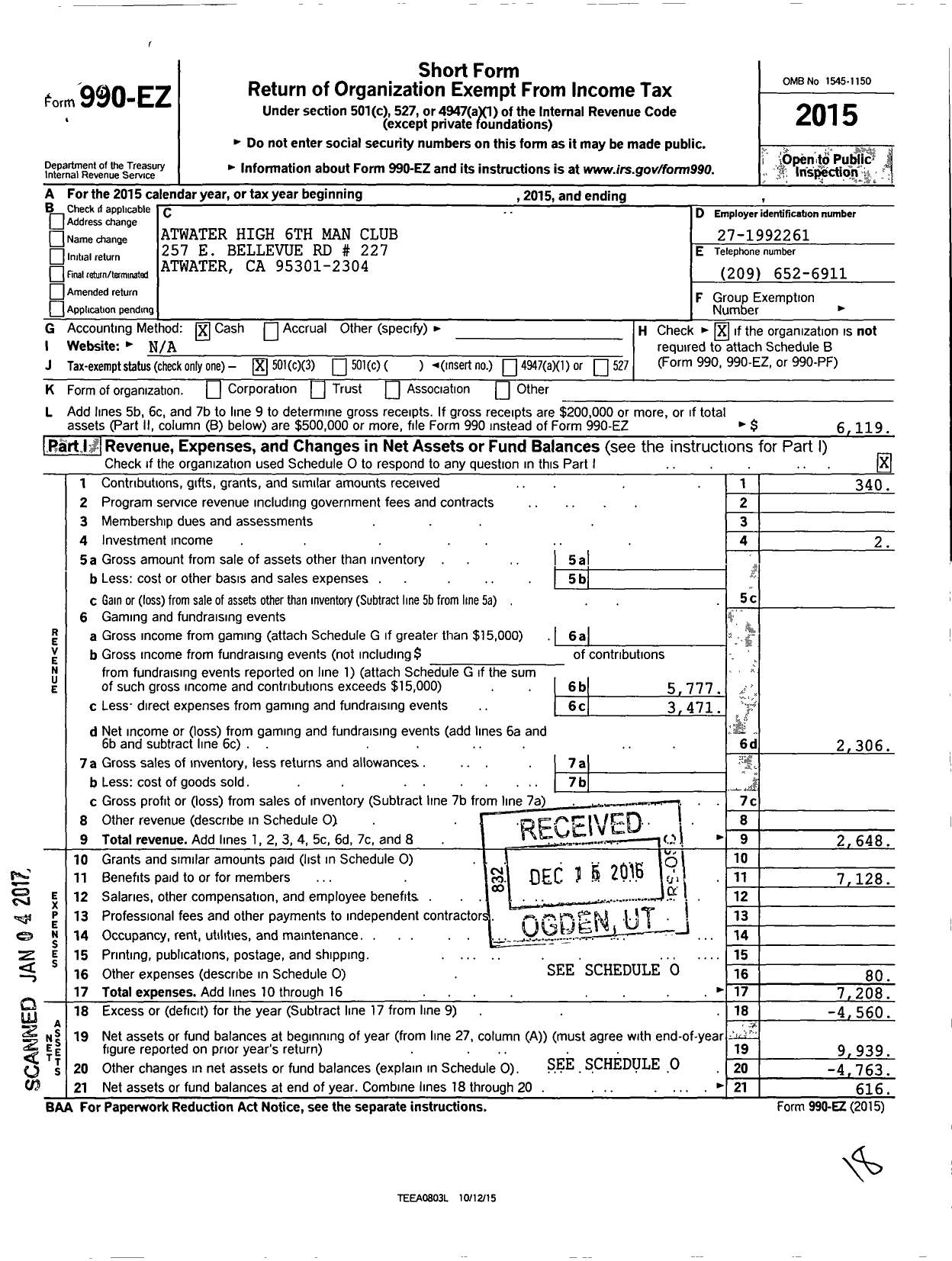 Image of first page of 2015 Form 990EZ for Atwater High 6th Man Club