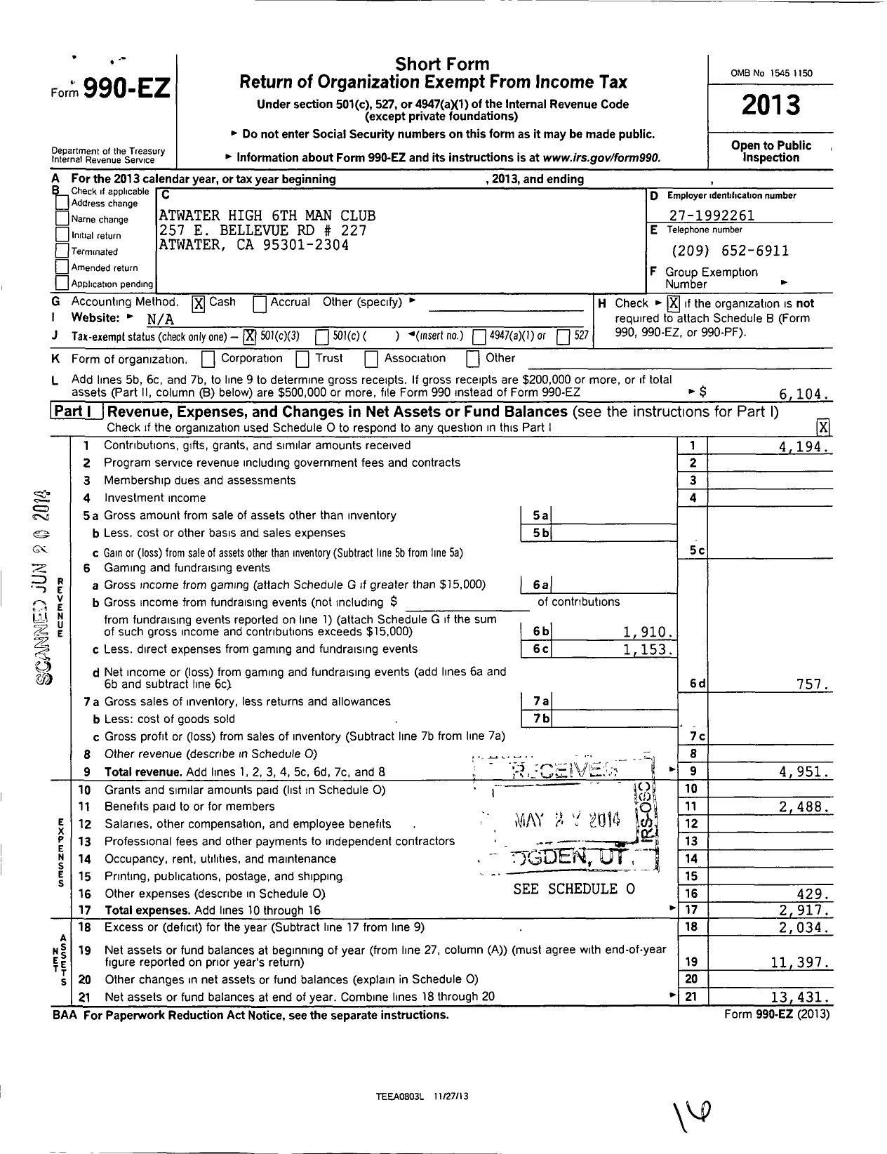 Image of first page of 2013 Form 990EZ for Atwater High 6th Man Club