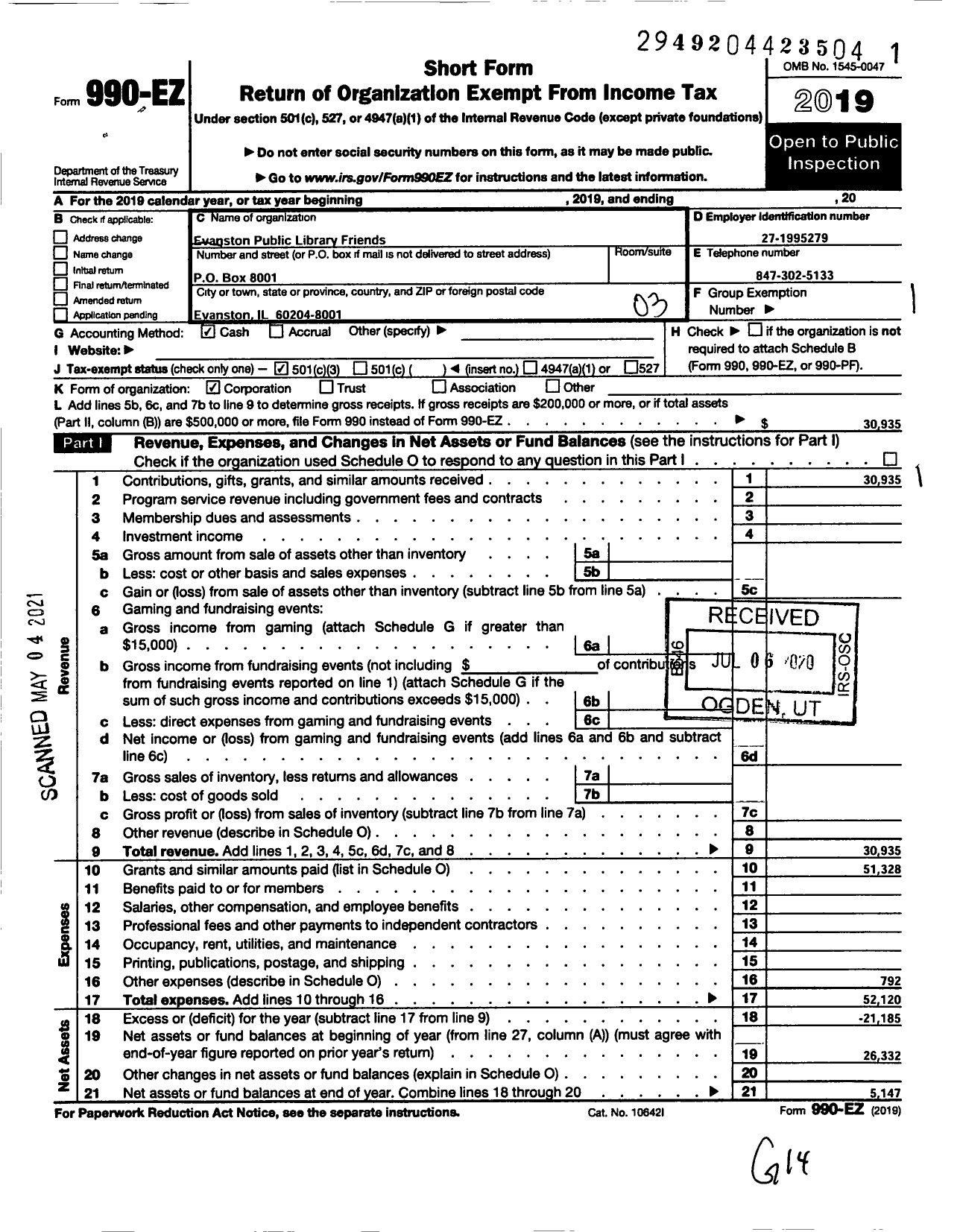 Image of first page of 2019 Form 990EZ for Evanston Public Library Friends