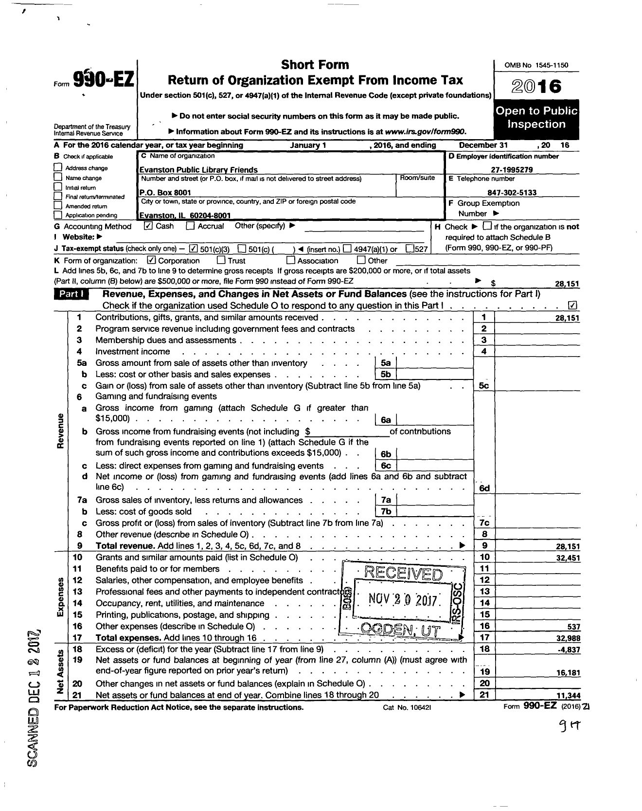 Image of first page of 2016 Form 990EZ for Evanston Public Library Friends