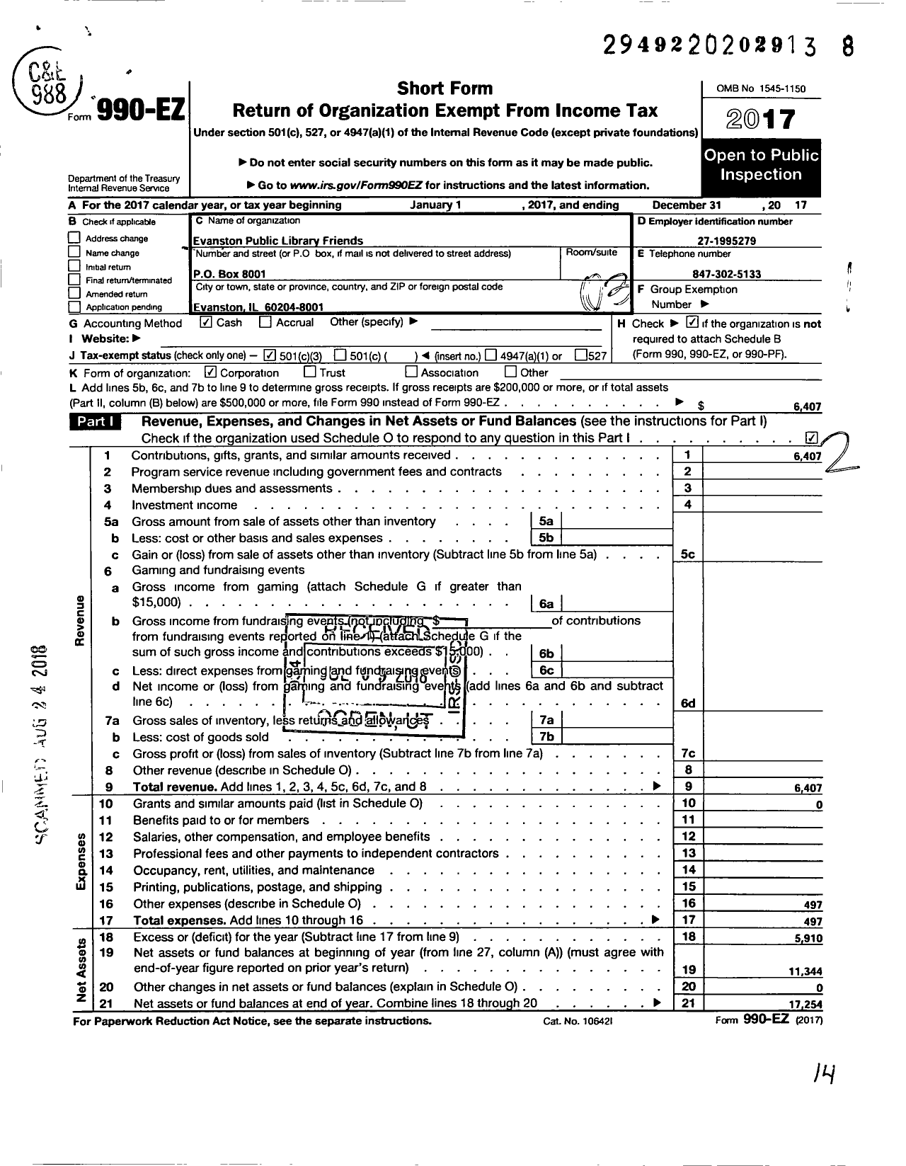 Image of first page of 2017 Form 990EZ for Evanston Public Library Friends