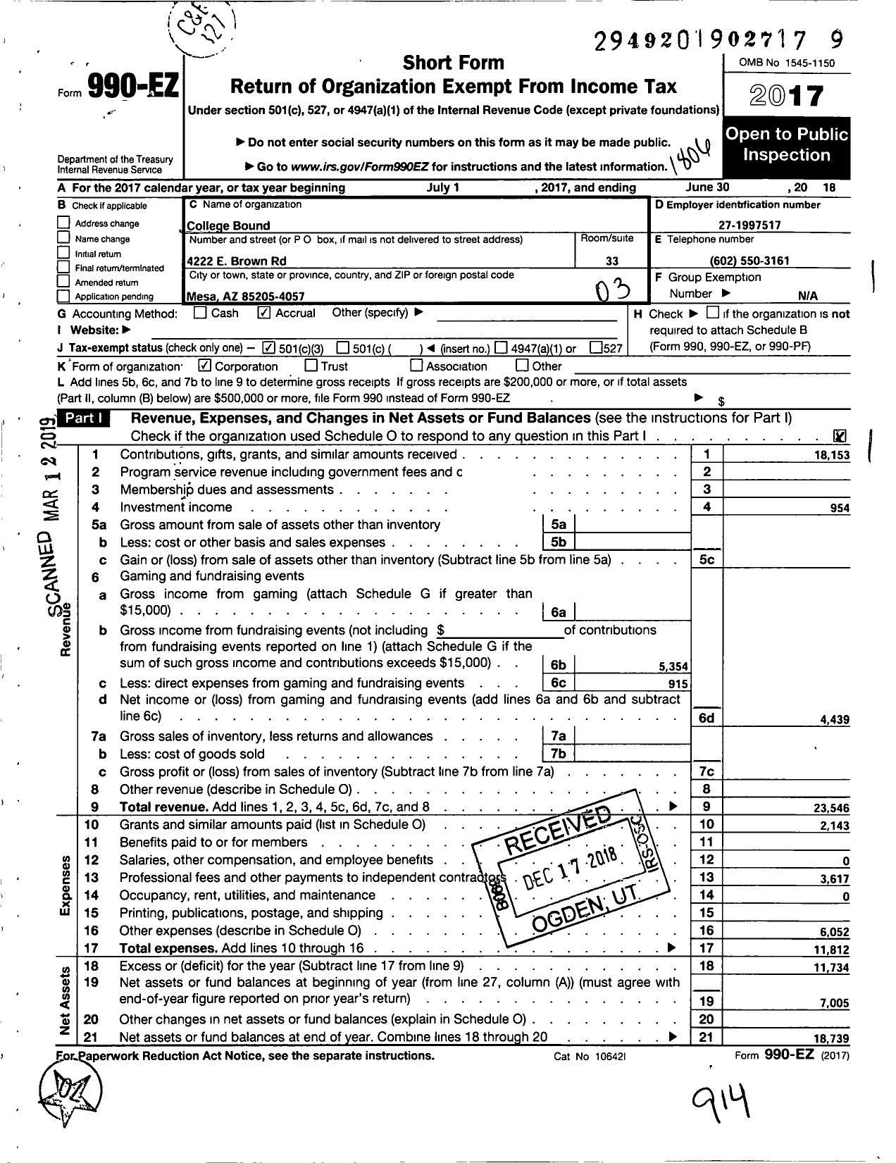Image of first page of 2017 Form 990EZ for College Bound