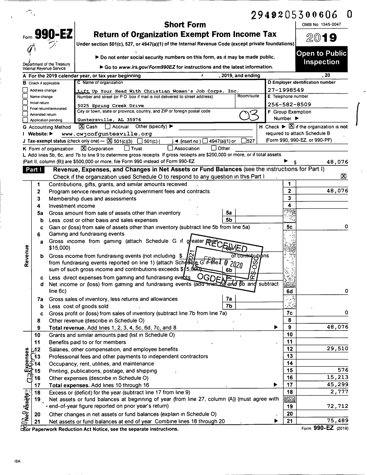 Image of first page of 2019 Form 990EZ for Lift Up Your Head With Christian Womens Job Corps