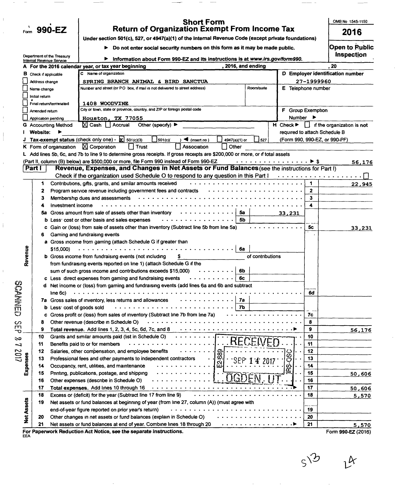 Image of first page of 2016 Form 990EZ for Spring Branch Animal and Bird Sanctua