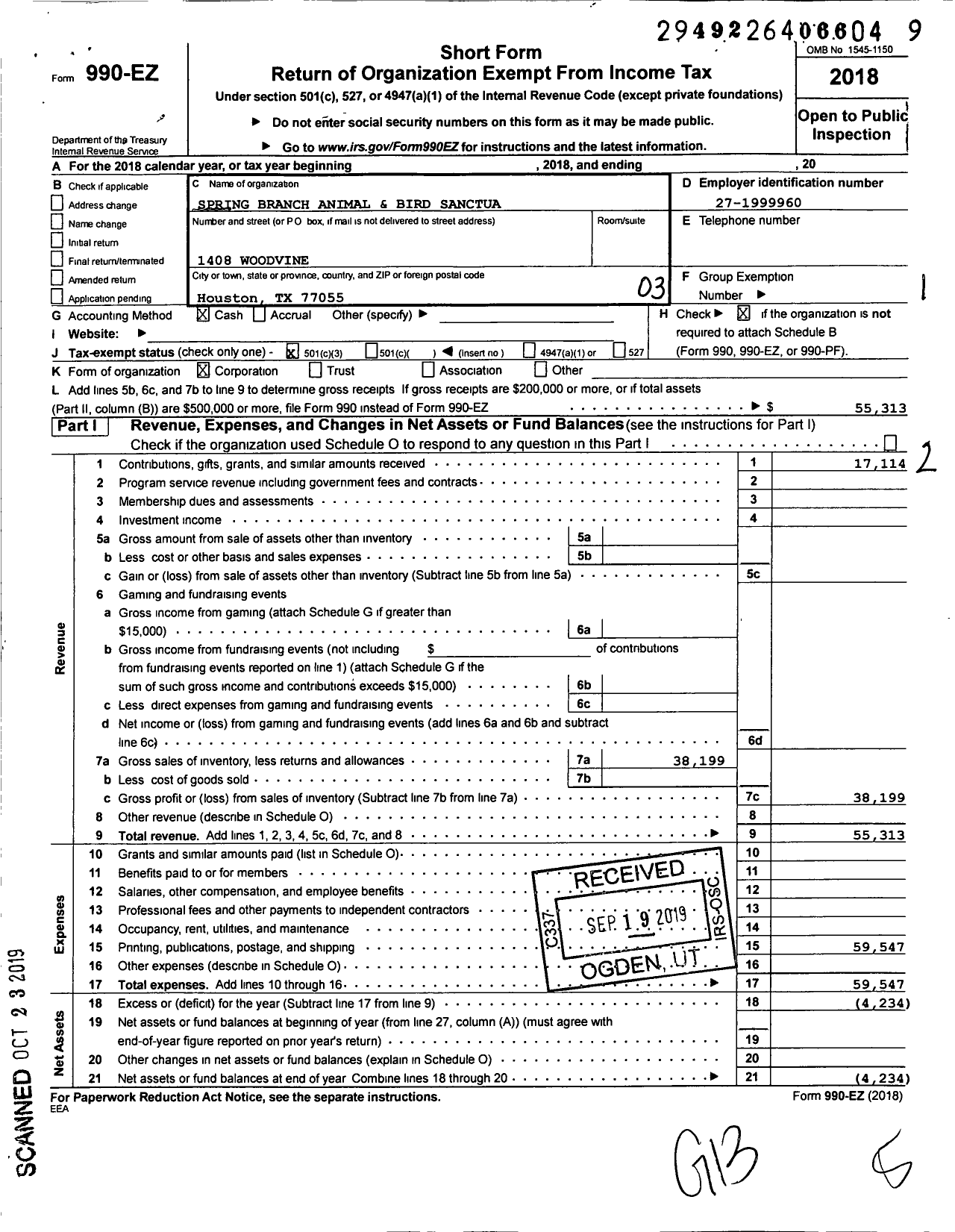 Image of first page of 2018 Form 990EZ for Spring Branch Animal and Bird Sanctua