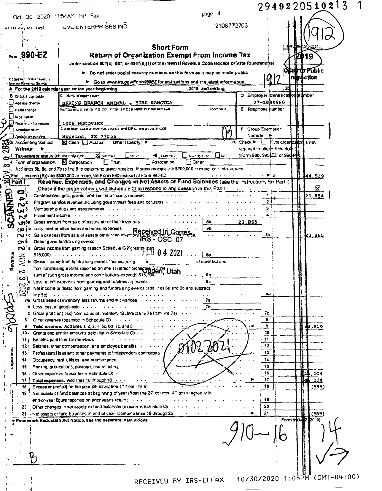 Image of first page of 2019 Form 990EZ for Spring Branch Animal and Bird Sanctua