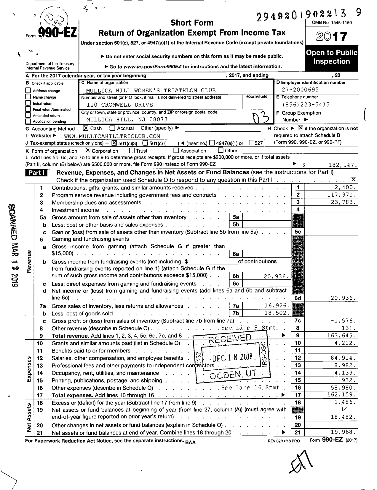 Image of first page of 2017 Form 990EZ for Mullica Hill Womens Triathlon Club