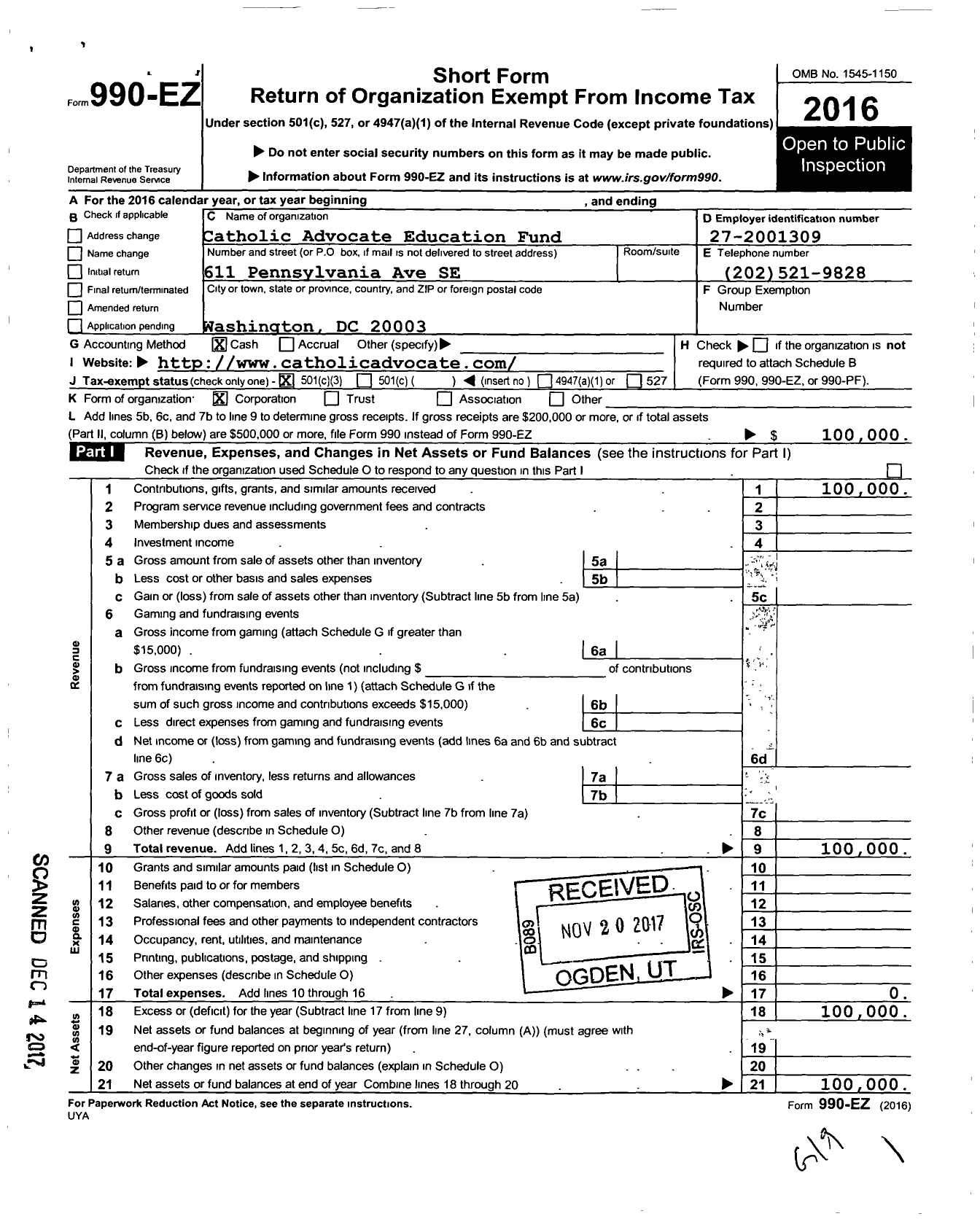 Image of first page of 2016 Form 990EZ for Catholic Advocate Educational Fund