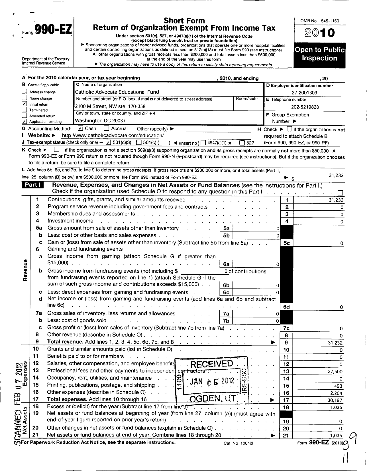 Image of first page of 2010 Form 990EZ for Catholic Advocate Educational Fund