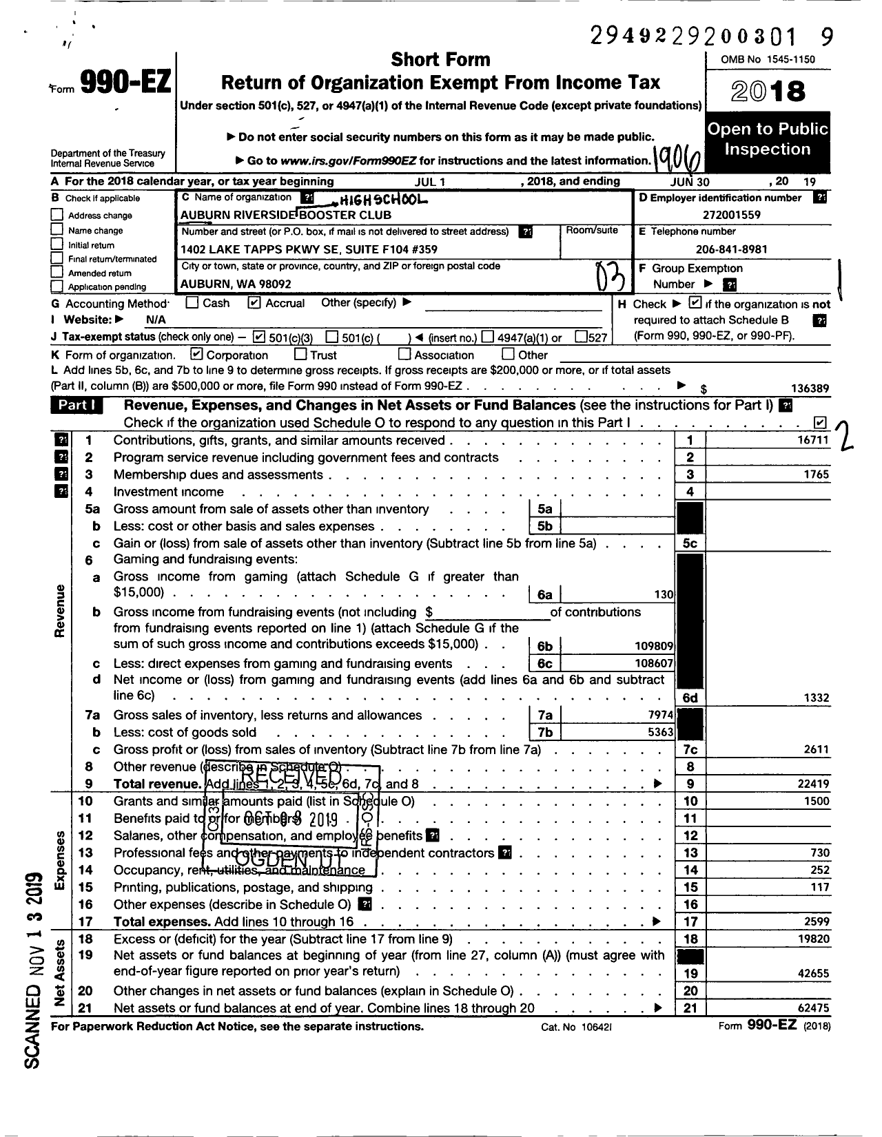 Image of first page of 2018 Form 990EZ for Auburn Riverside High School Booster Club