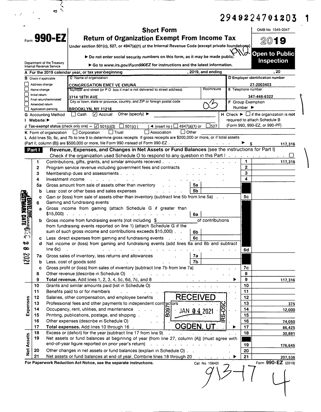 Image of first page of 2019 Form 990EZ for Congregation Emet Ve Emuna