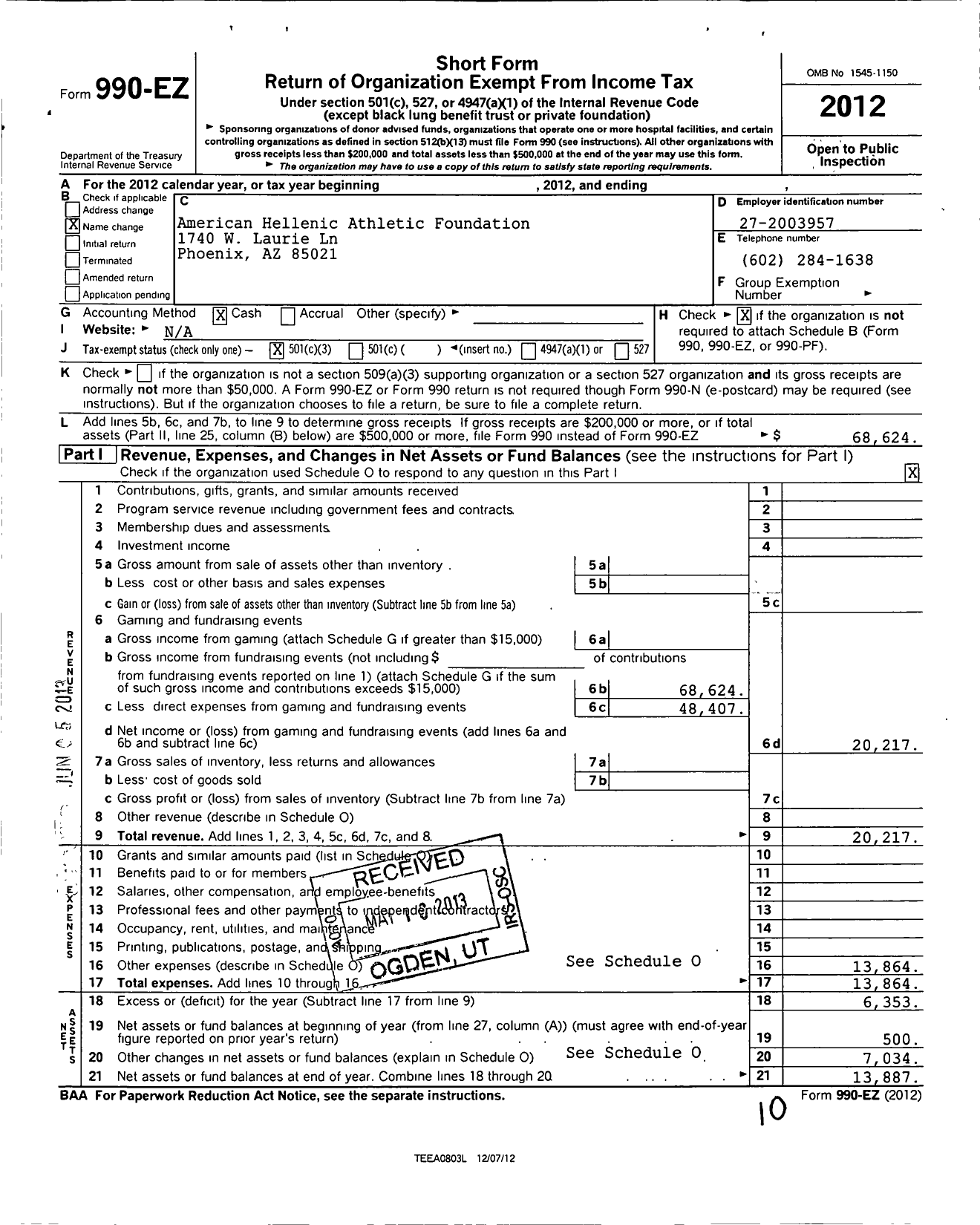 Image of first page of 2012 Form 990EZ for American Hellenic Athletic Foundation