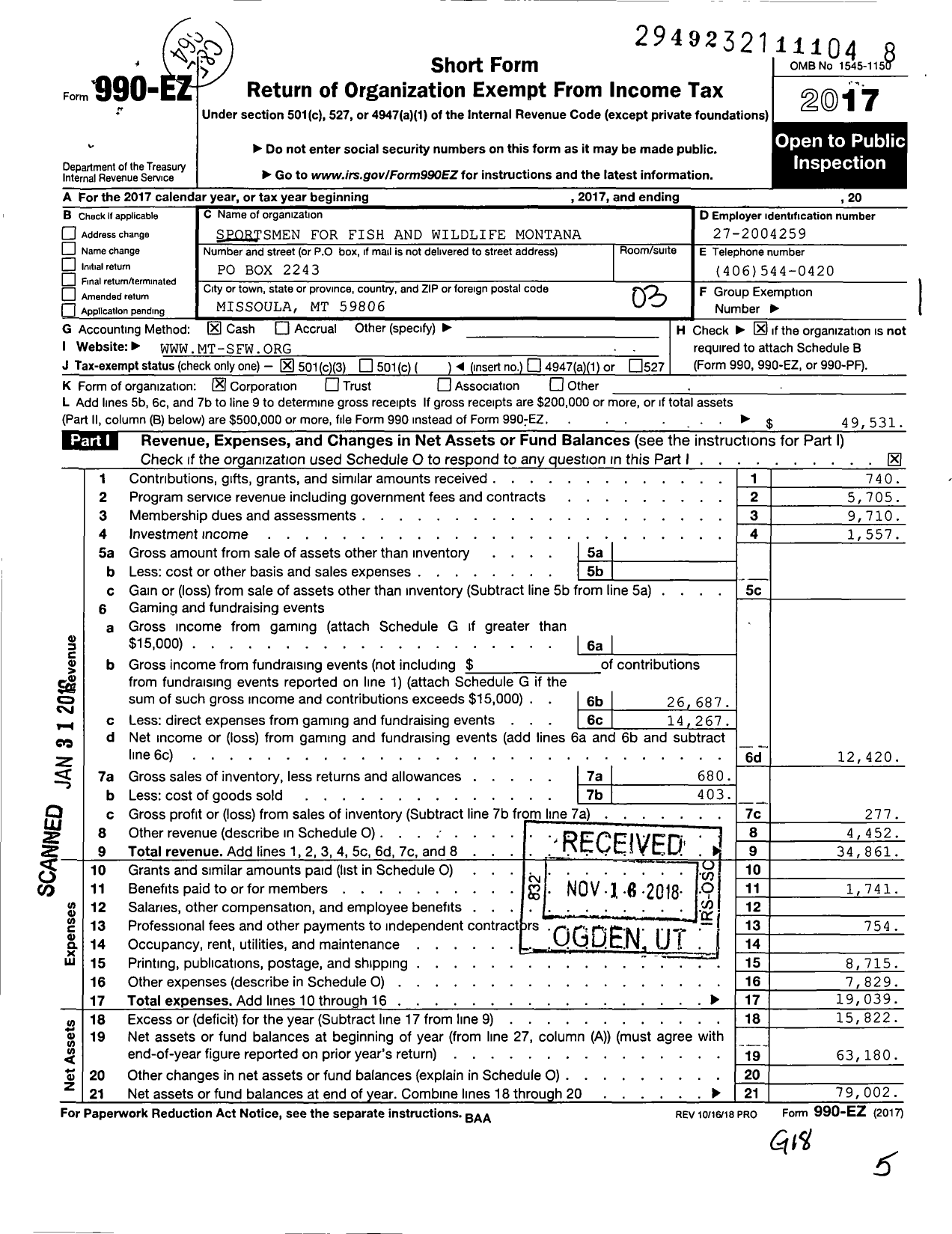 Image of first page of 2017 Form 990EZ for Sportsmen for Fish and Wildlife Montana