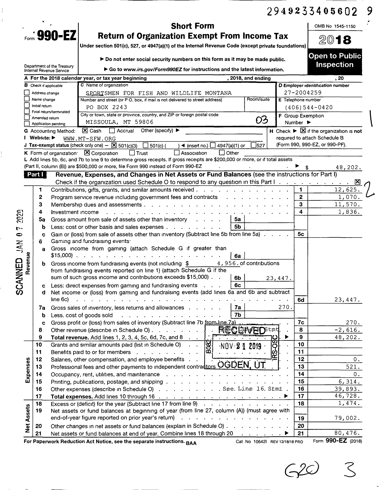 Image of first page of 2018 Form 990EZ for Sportsmen for Fish and Wildlife Montana