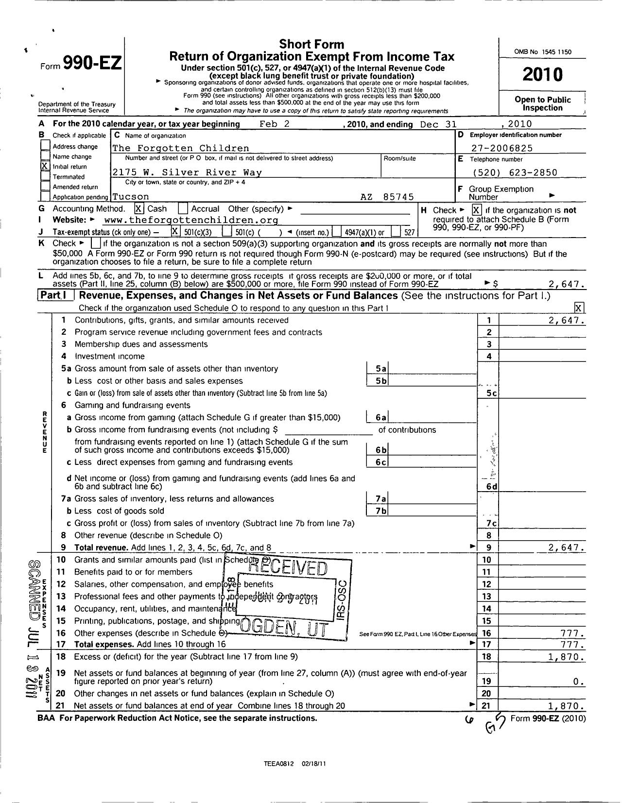 Image of first page of 2010 Form 990EZ for Forgotten Children