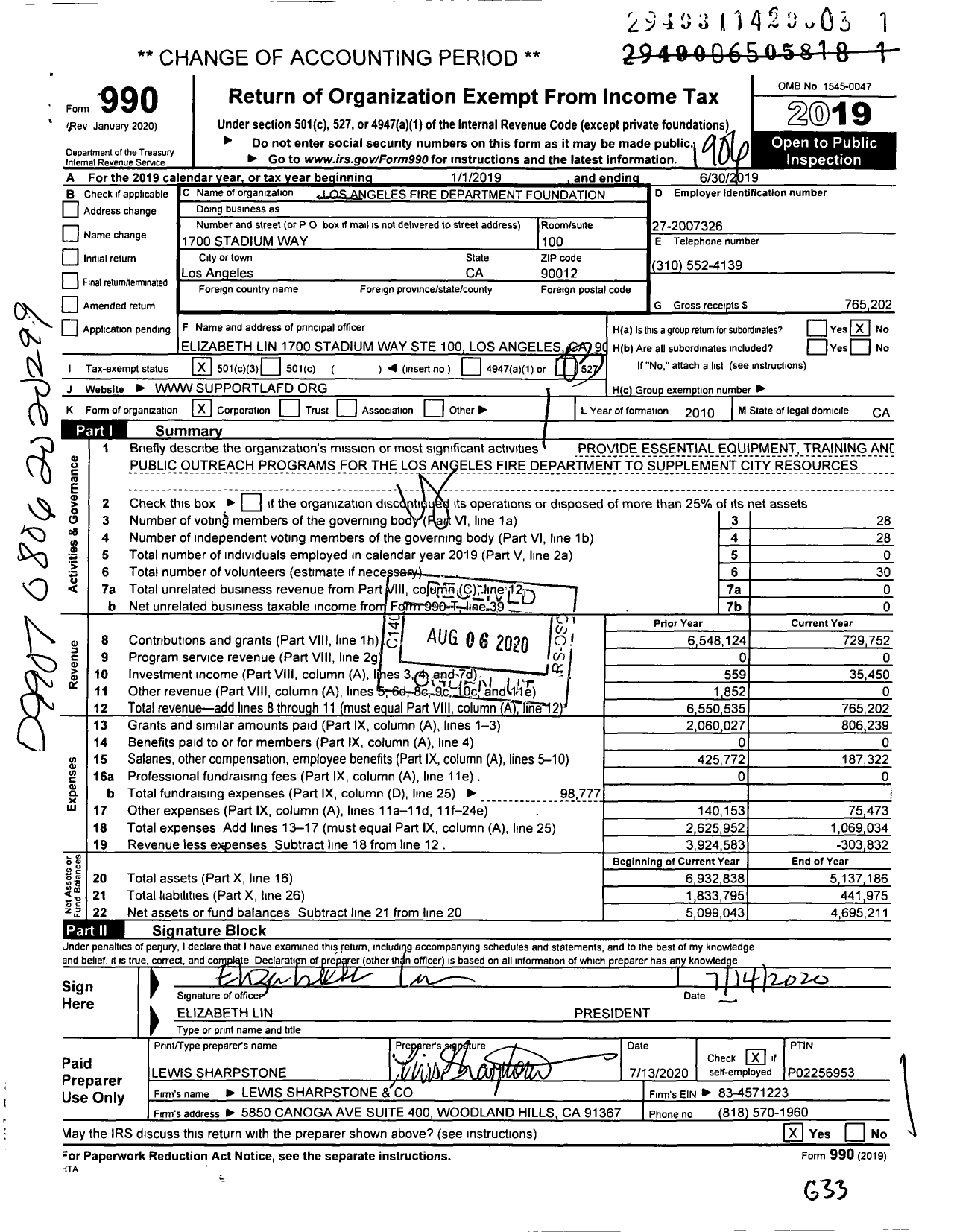 Image of first page of 2018 Form 990 for Los Angeles Fire Department Foundation