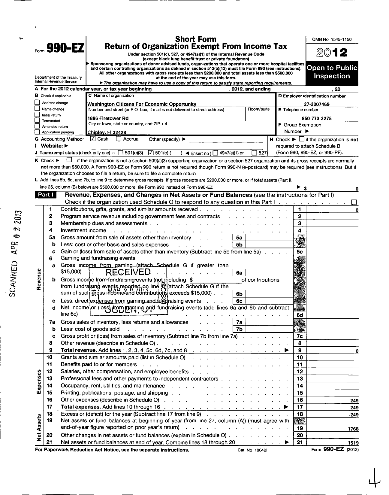 Image of first page of 2012 Form 990EO for Washington Citizens for Economic Opportunity (WCCEO)