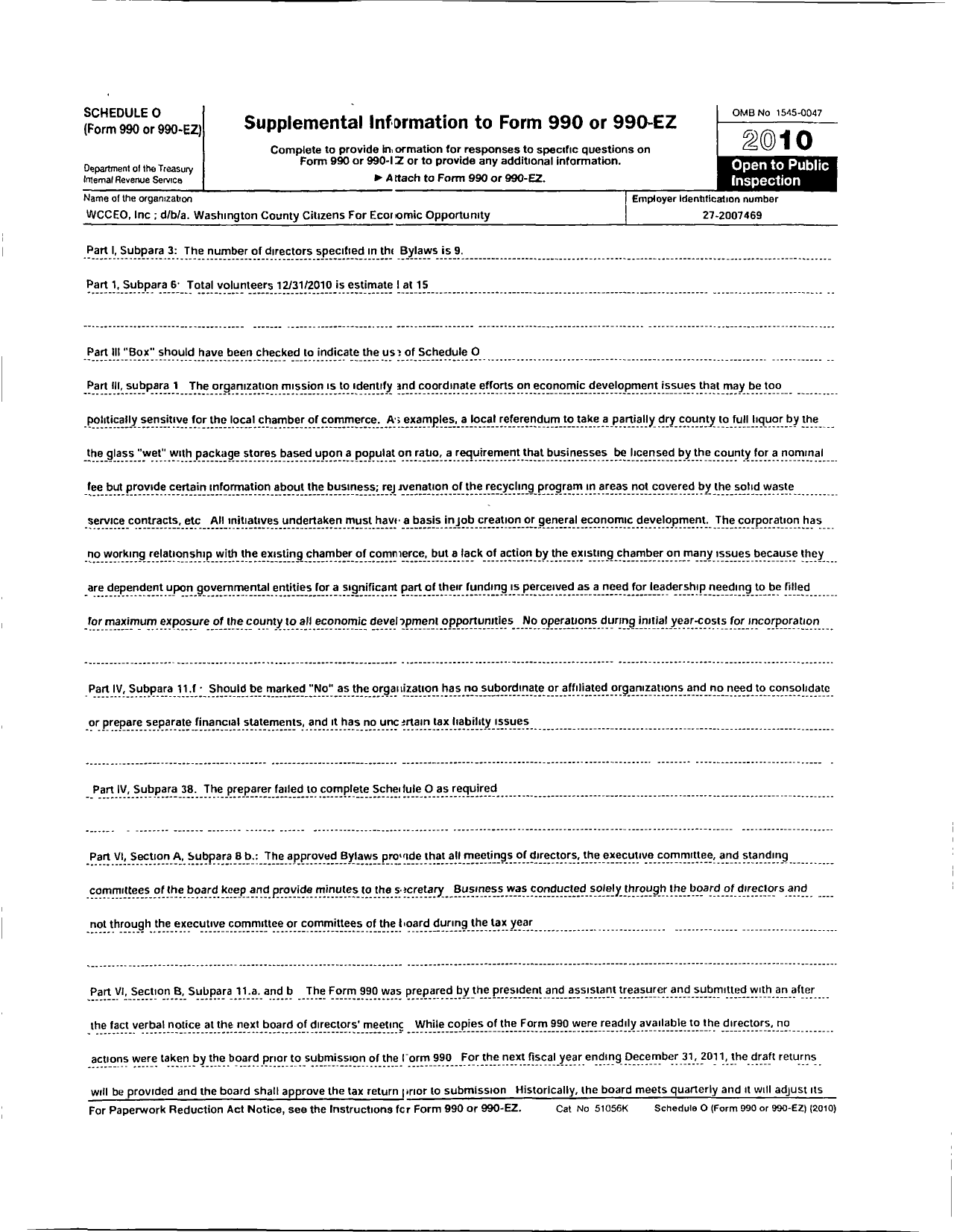 Image of first page of 2010 Form 990OR for Washington Citizens for Economic Opportunity (WCCEO)