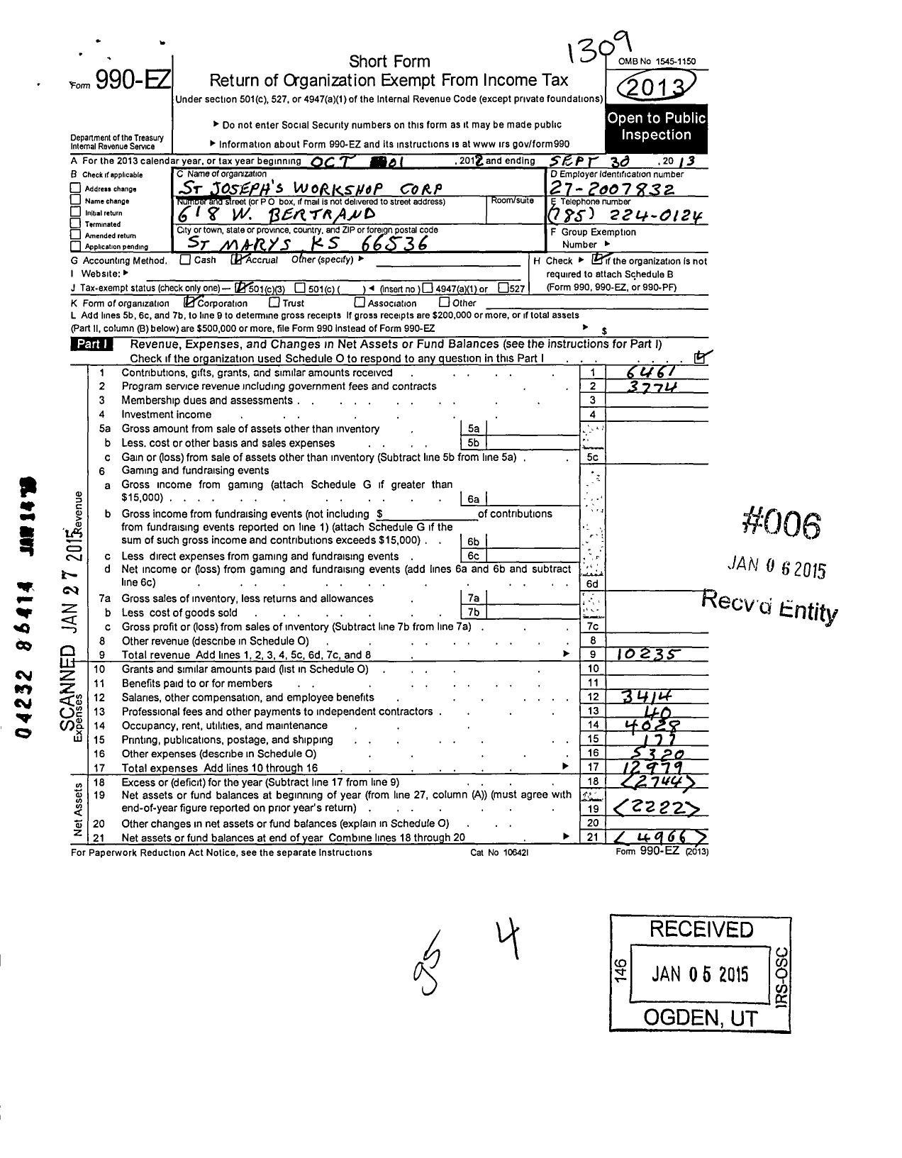 Image of first page of 2012 Form 990EZ for St Josephs Workshop Corporation