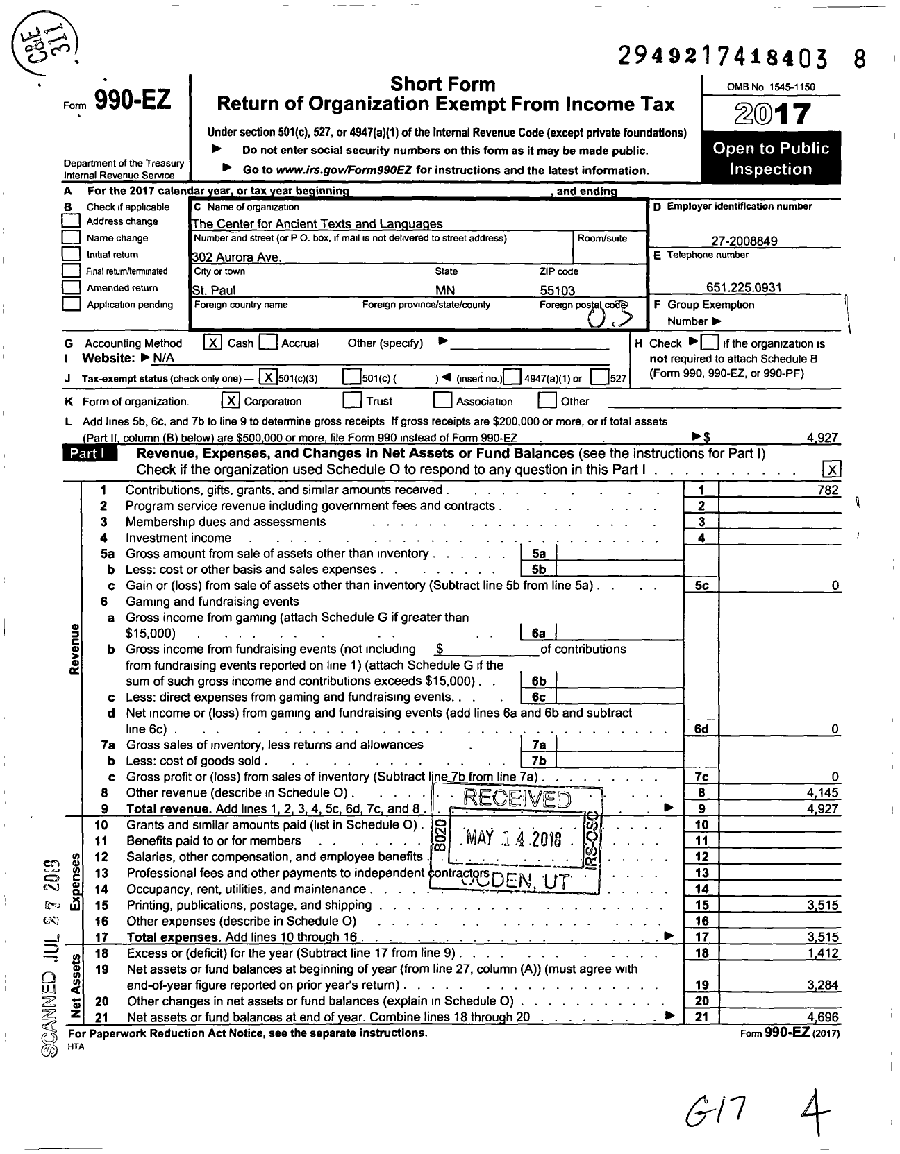 Image of first page of 2017 Form 990EZ for The Center for Ancient Texts and Languages