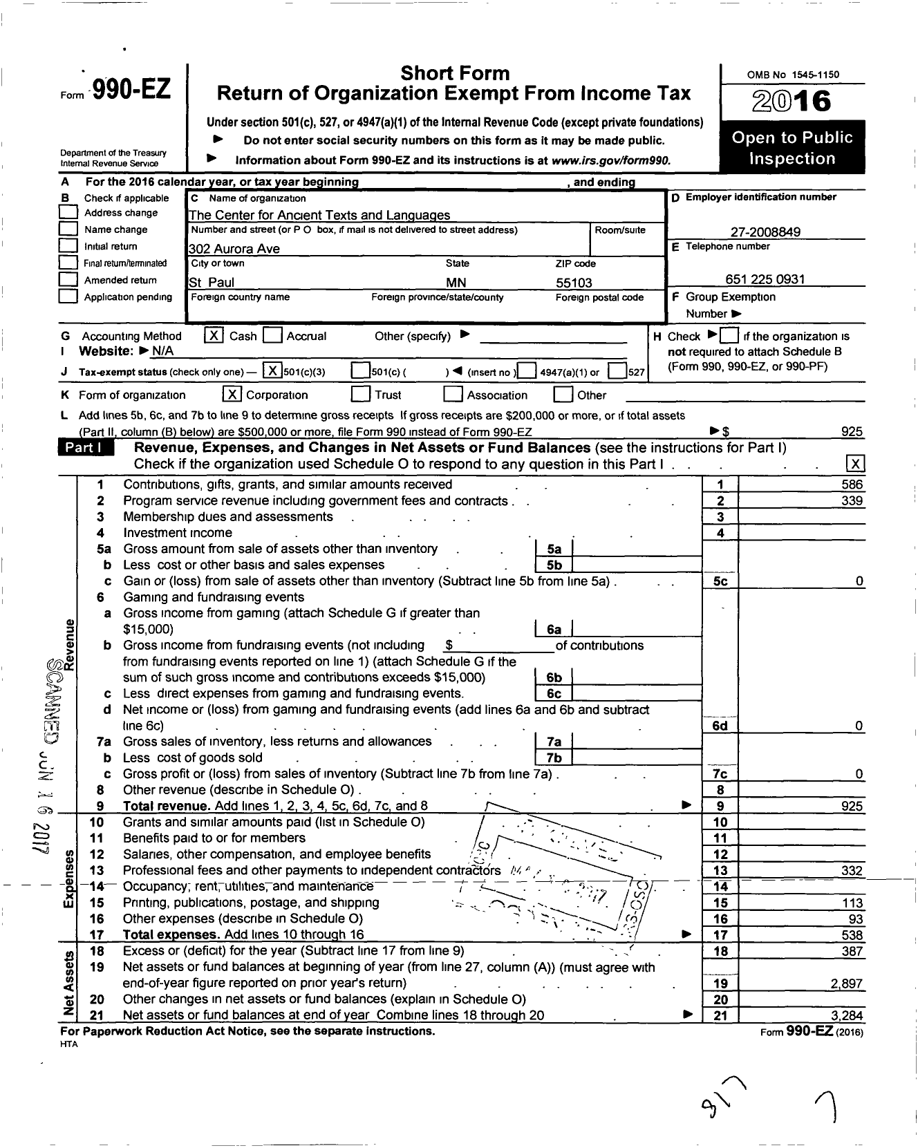 Image of first page of 2016 Form 990EZ for The Center for Ancient Texts and Languages