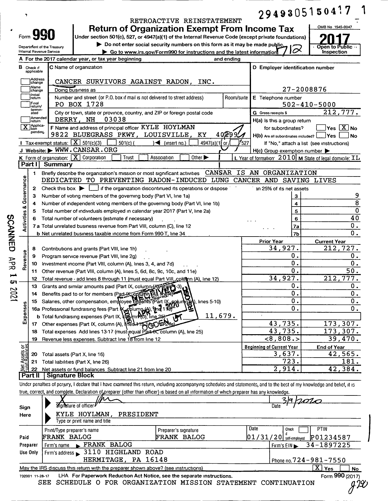 Image of first page of 2017 Form 990 for Cancer Survivors Against Radon