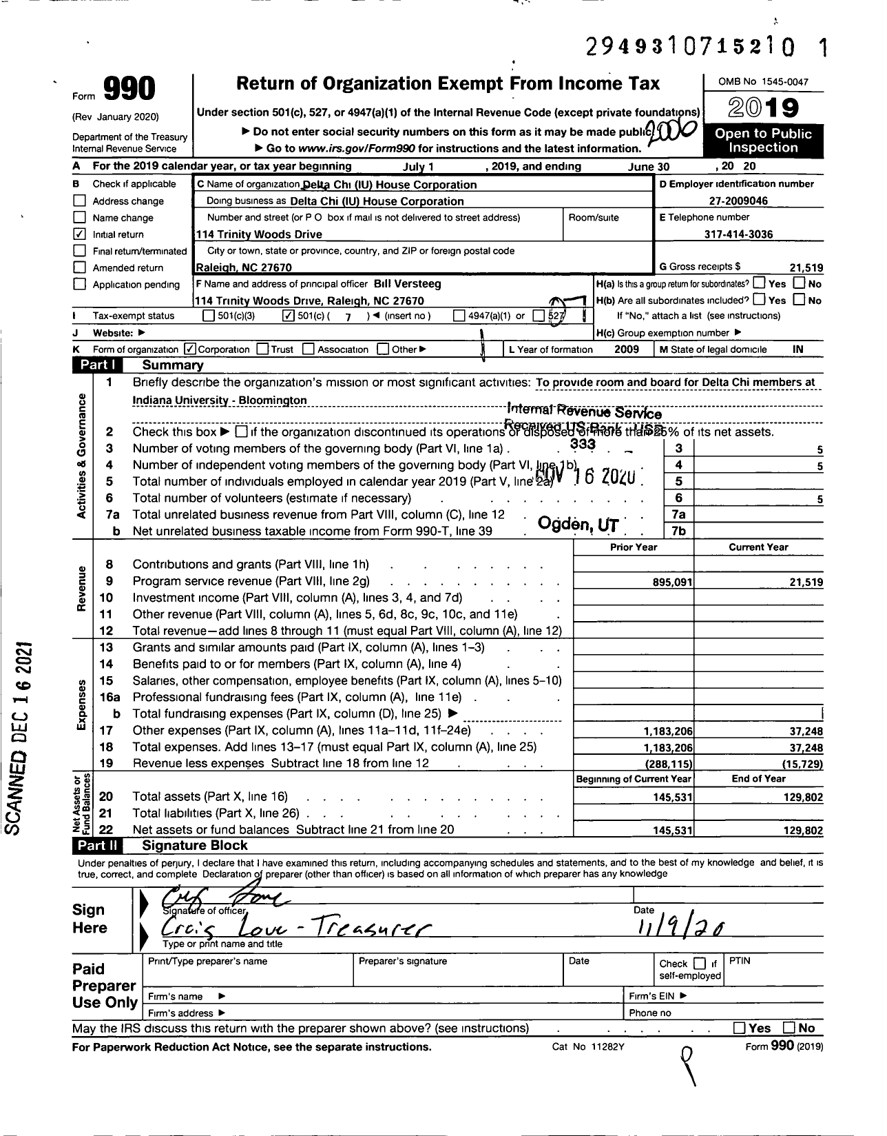 Image of first page of 2019 Form 990O for Delta Chi National Housing Corporation / Delta Chi Iu House Corporation