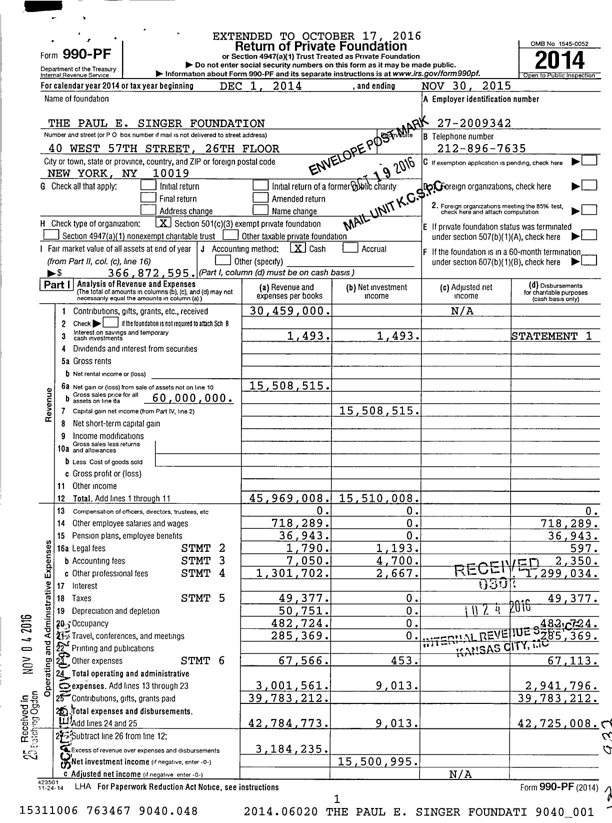 Image of first page of 2014 Form 990PF for Paul E Singer Foundation