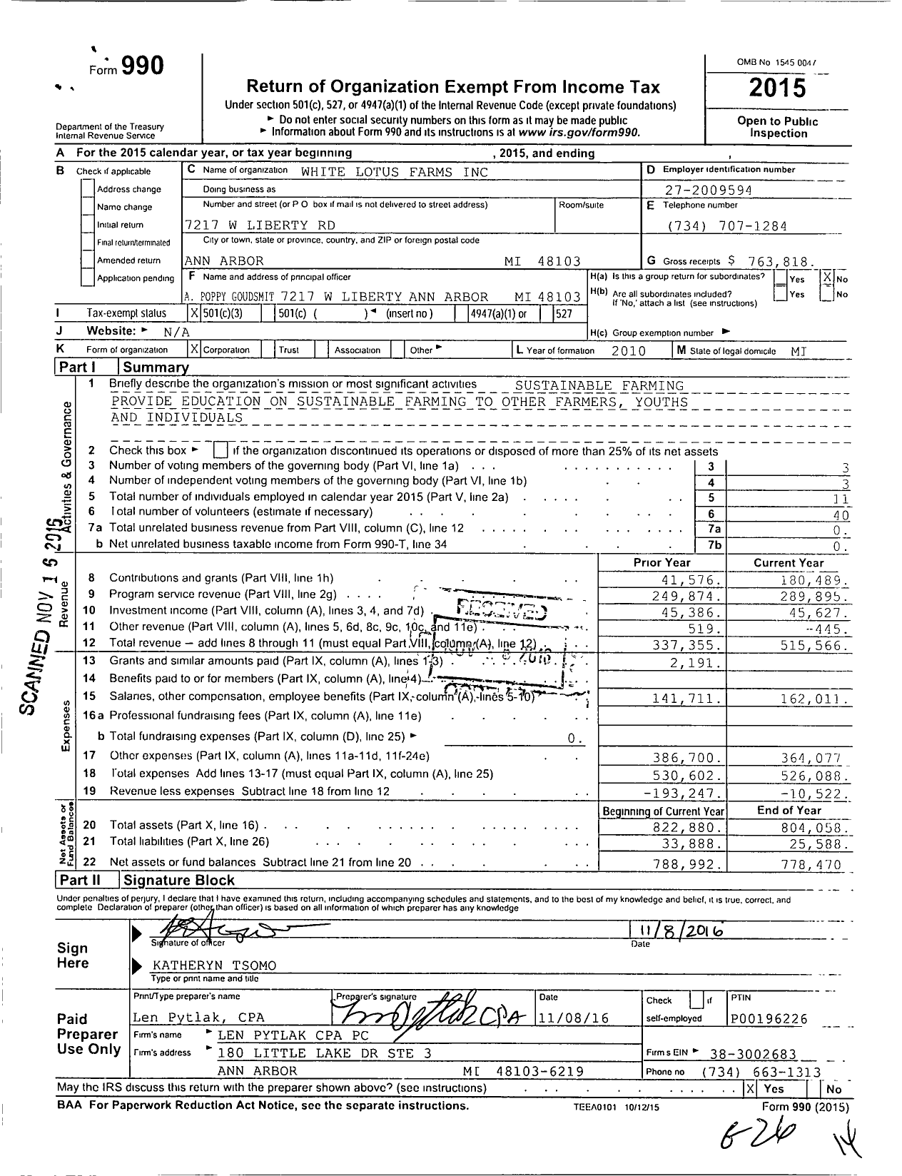 Image of first page of 2015 Form 990 for White Lotus Farms