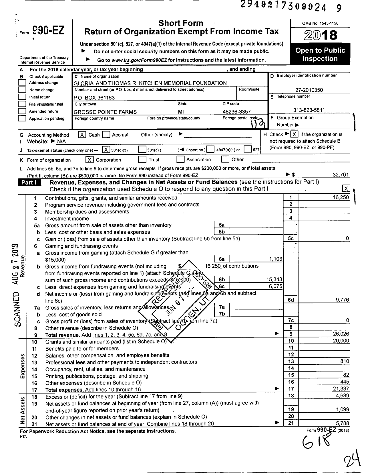 Image of first page of 2018 Form 990EZ for Gloria and Thomas R Kitchen Memorial Foundation