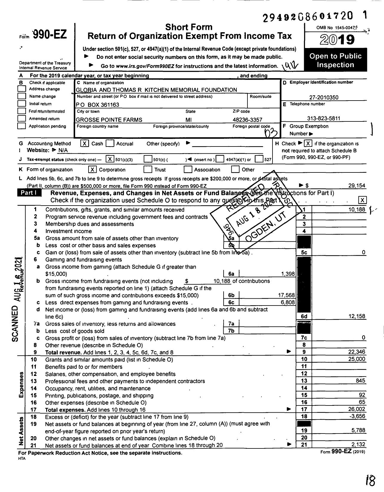 Image of first page of 2019 Form 990EZ for Gloria and Thomas R Kitchen Memorial Foundation