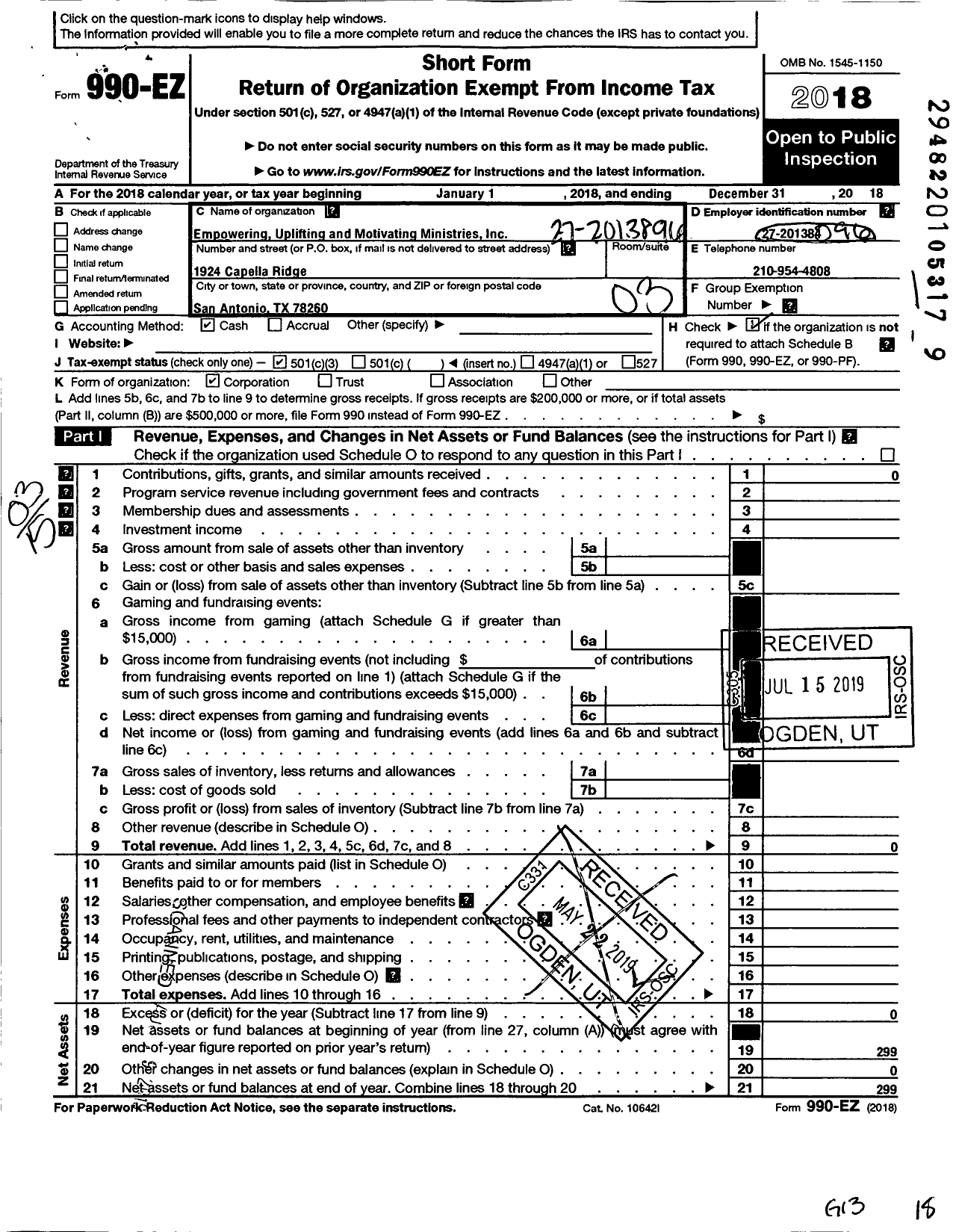 Image of first page of 2018 Form 990EZ for Empowering Uplifting and Motivating Ministries