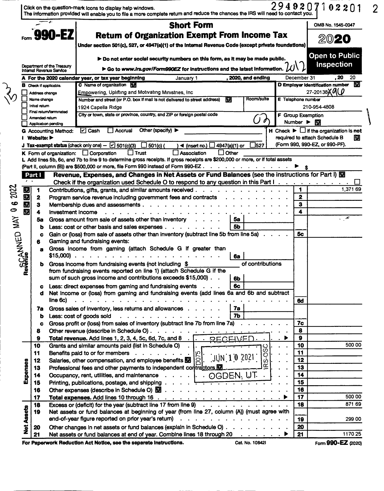 Image of first page of 2020 Form 990EZ for Empowering Uplifting and Motivating Ministries