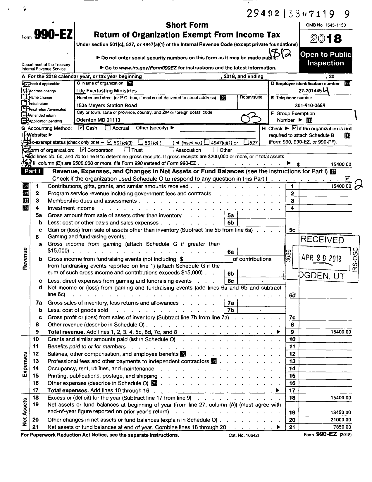 Image of first page of 2018 Form 990EZ for Life Everlasting Ministries