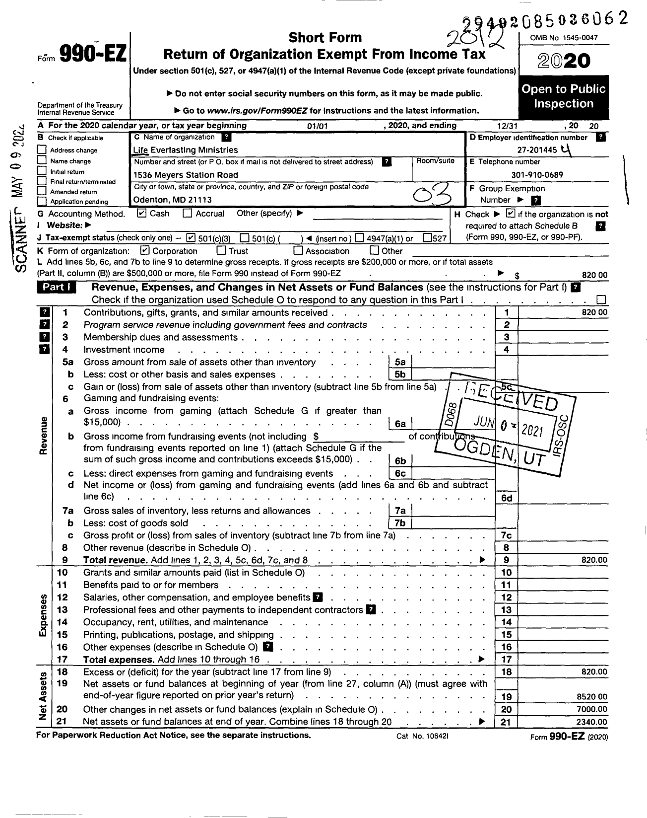 Image of first page of 2020 Form 990EZ for Life Everlasting Ministries