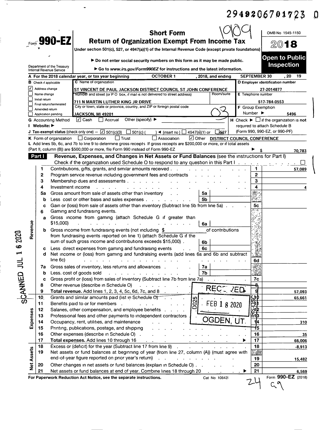 Image of first page of 2018 Form 990EZ for St Vincent de Paul Jackson District Council St John Conference