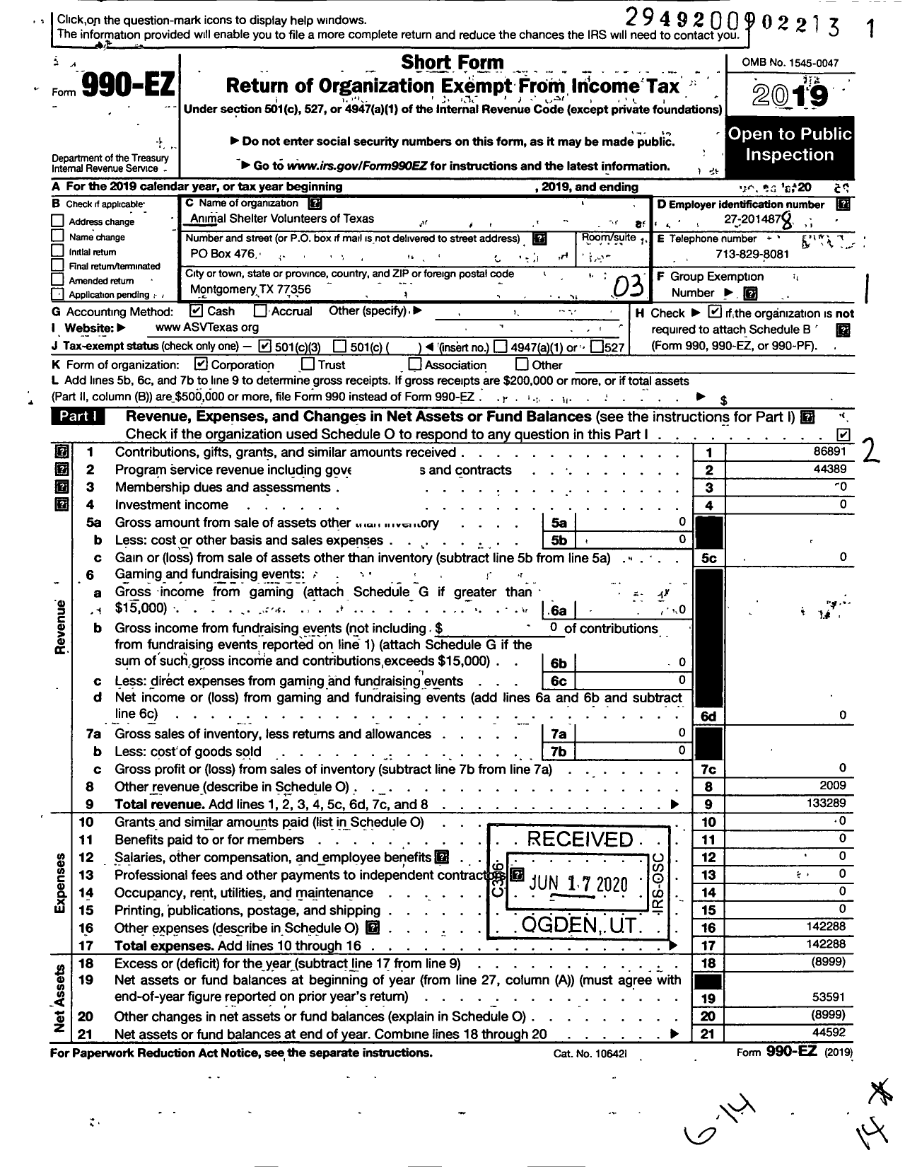 Image of first page of 2019 Form 990EZ for Animal Shelter Volunteers of Texas