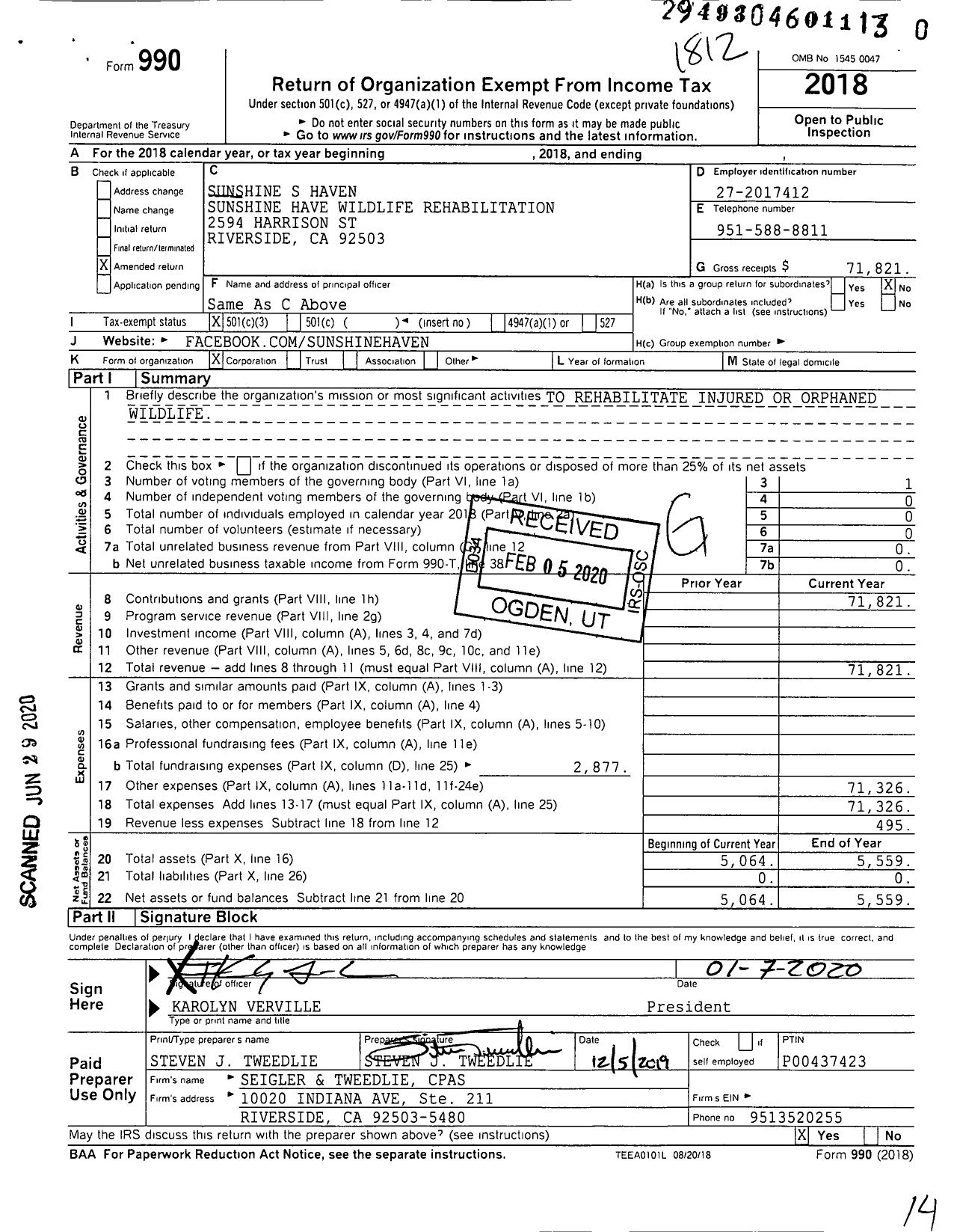 Image of first page of 2018 Form 990 for Sunshine Haven Wildlife Animal Rescue and Rehab