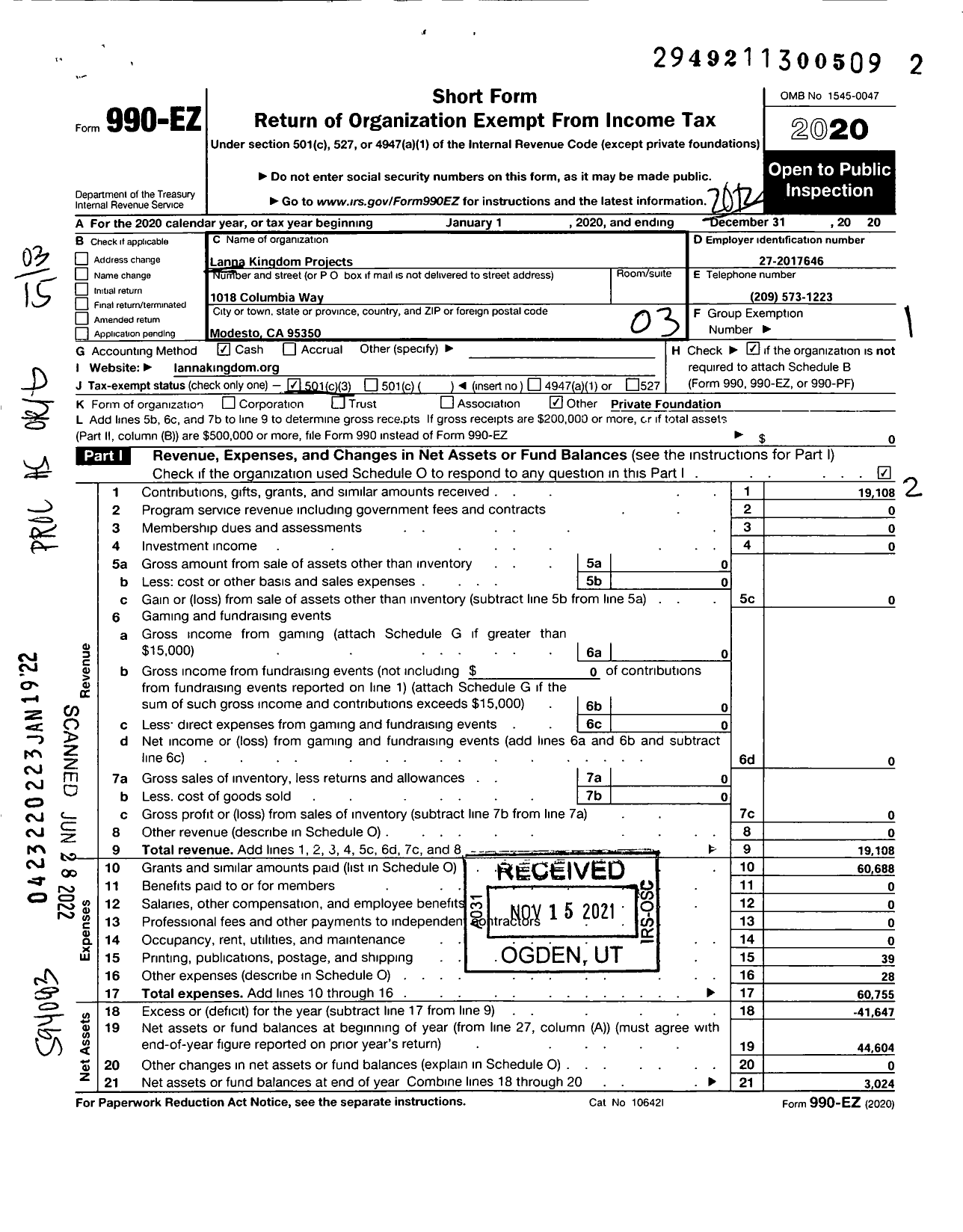 Image of first page of 2020 Form 990EZ for Lanna Kingdom Projects