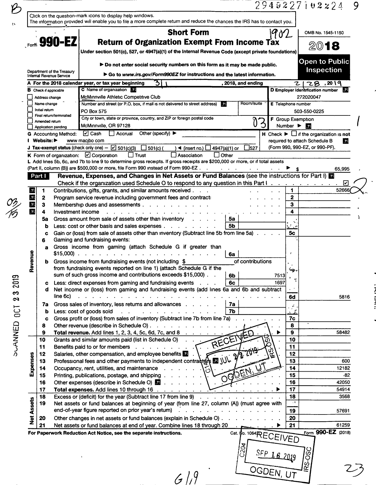 Image of first page of 2018 Form 990EZ for Mcminnville Athletic Competitive Club