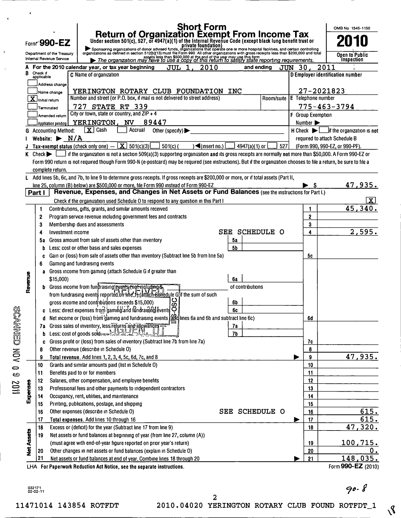 Image of first page of 2010 Form 990EZ for Yerington Rotary Club Foundation
